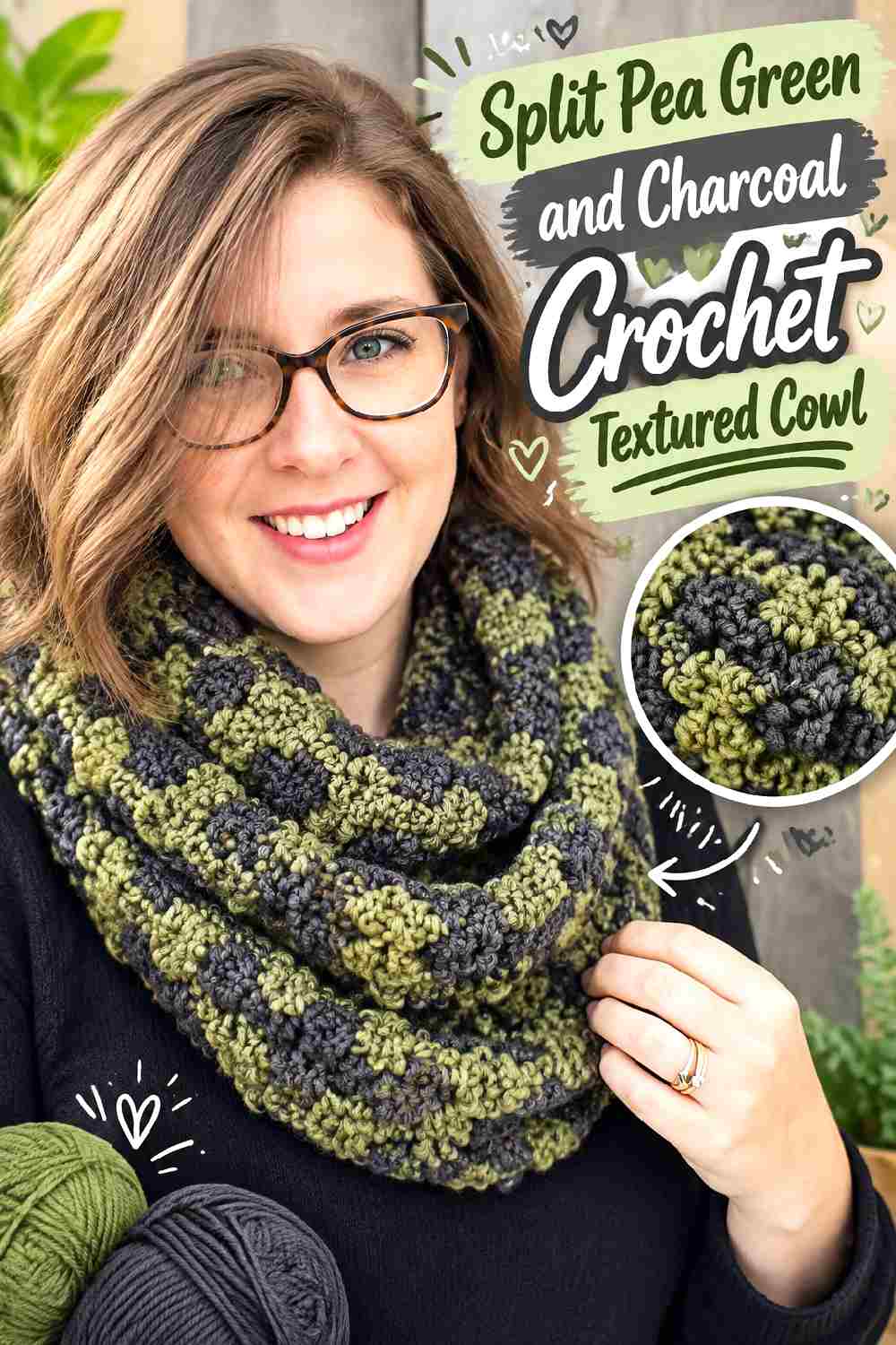 4. Split Pea Green And Charcoal Crochet Textured Cowl