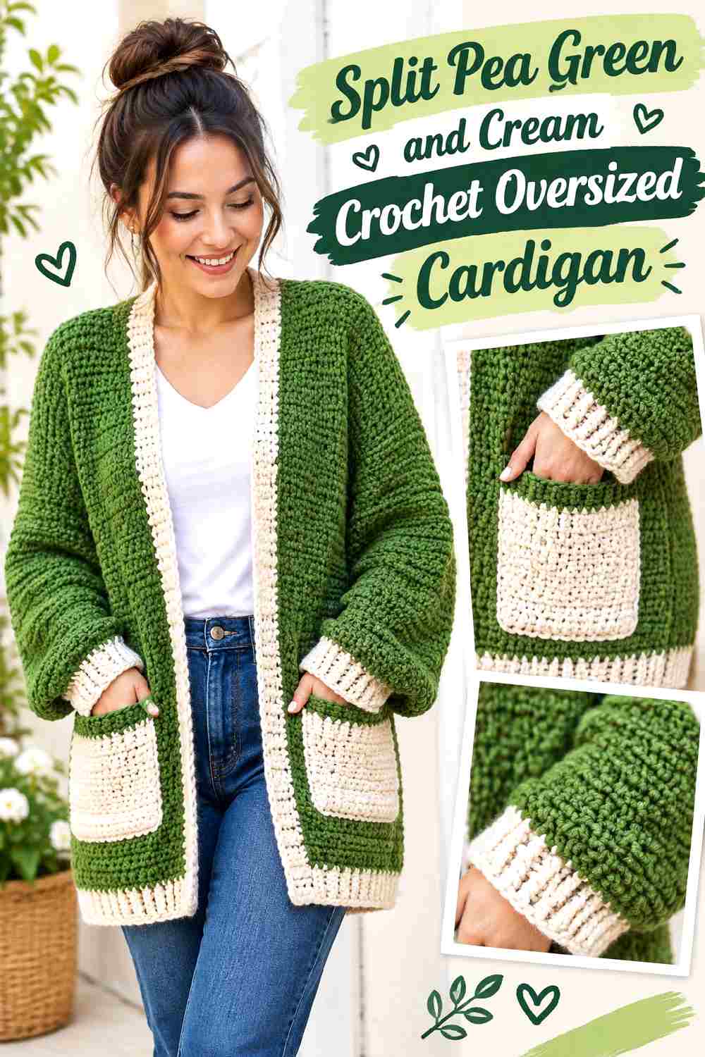 1. Split Pea Green And Cream Crochet Oversized Cardigan