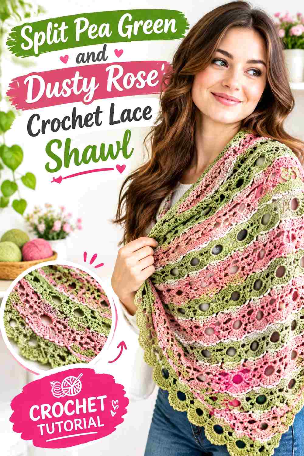 9. Split Pea Green And Dusty Rose Crochet Lace Shawl