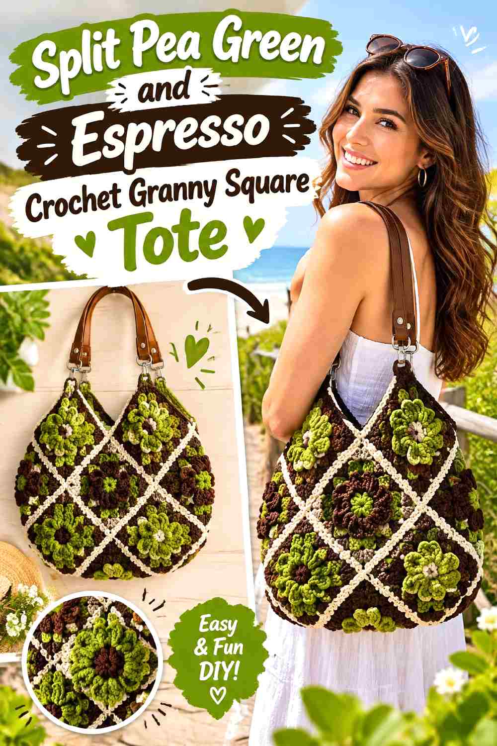 2. Split Pea Green And Espresso Crochet Granny Square Tote
