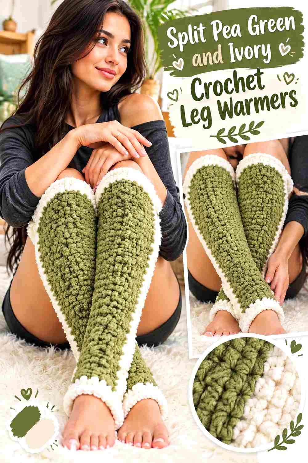 8. Split Pea Green And Ivory Crochet Leg Warmers