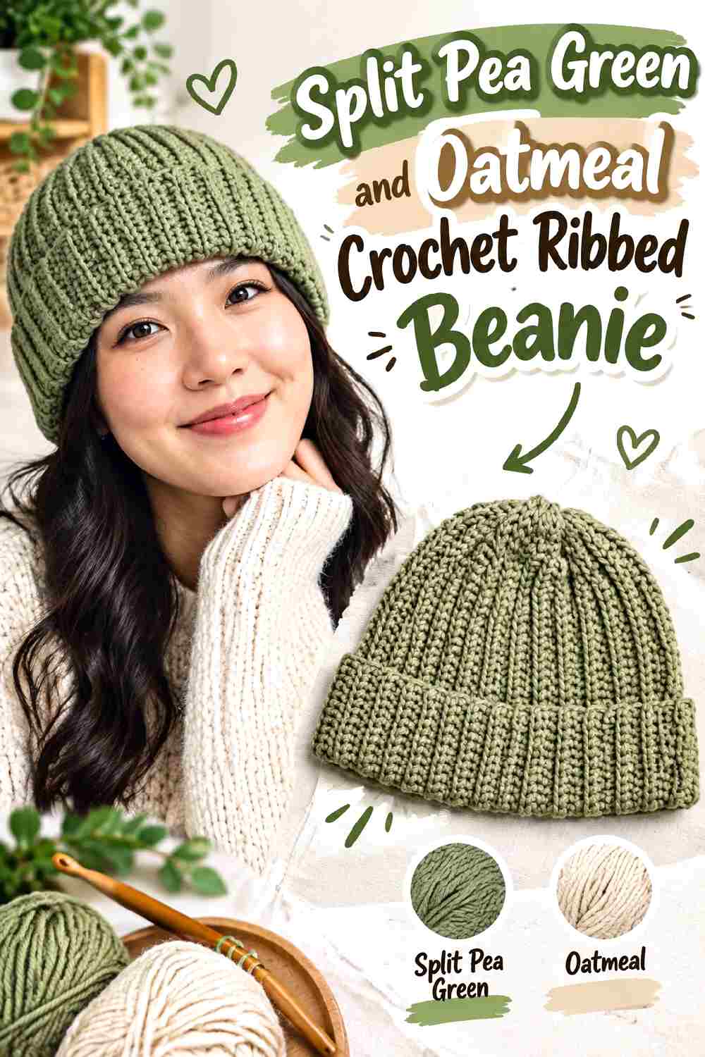 3. Split Pea Green And Oatmeal Crochet Ribbed Beanie