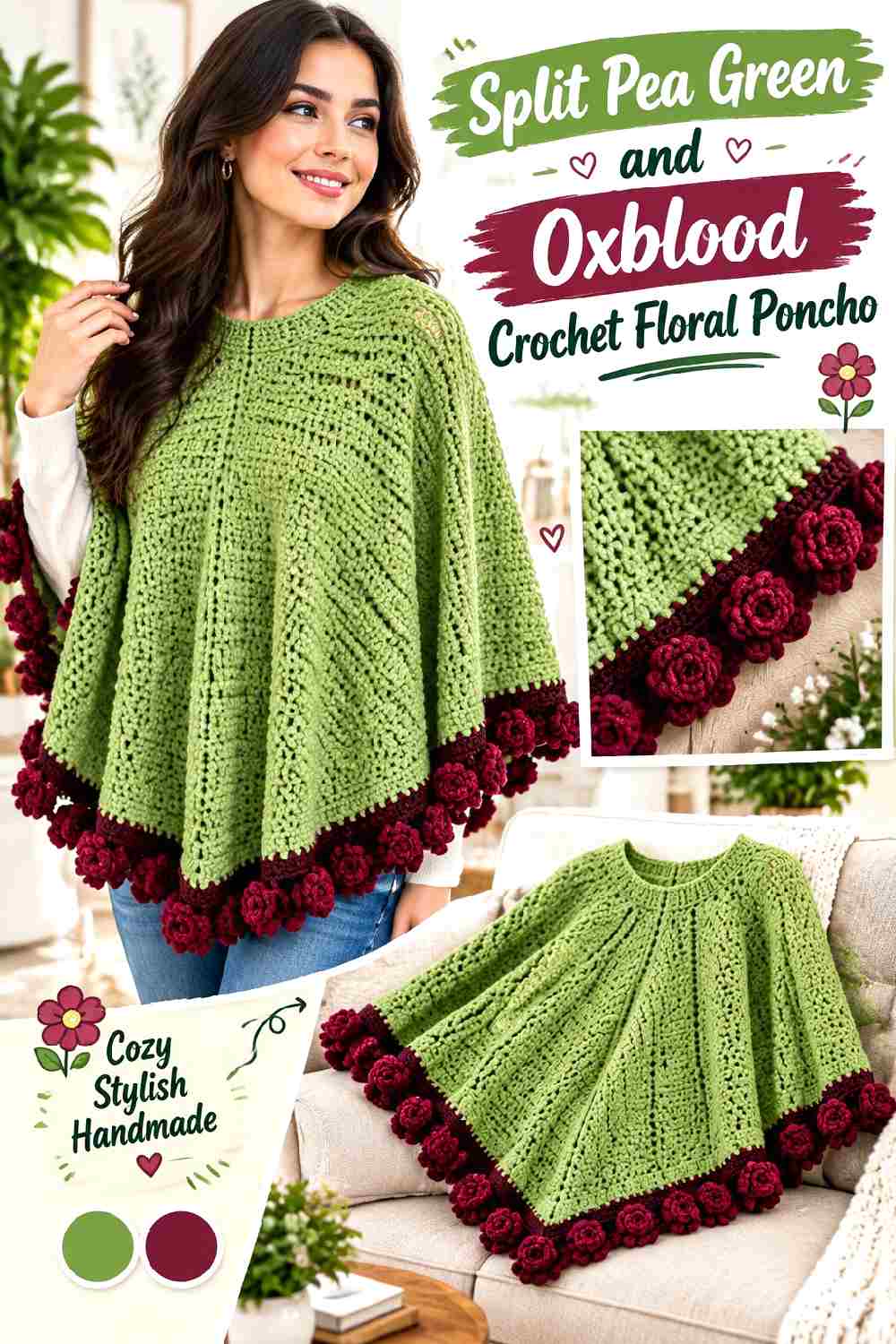 12. Split Pea Green And Oxblood Crochet Floral Poncho