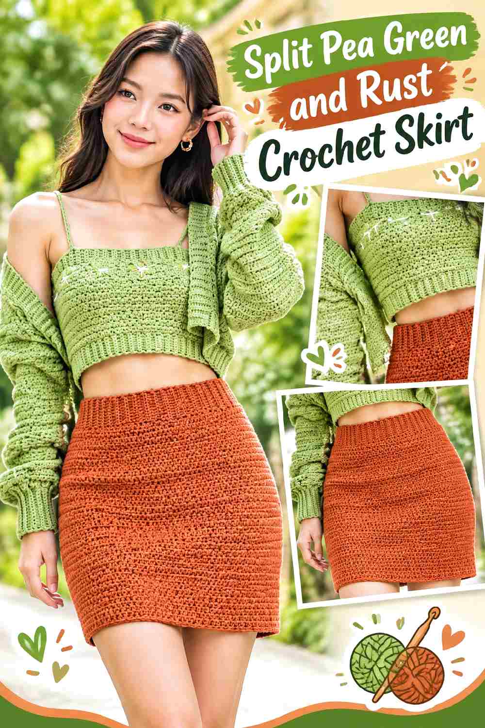 10. Split Pea Green And Rust Crochet Skirt