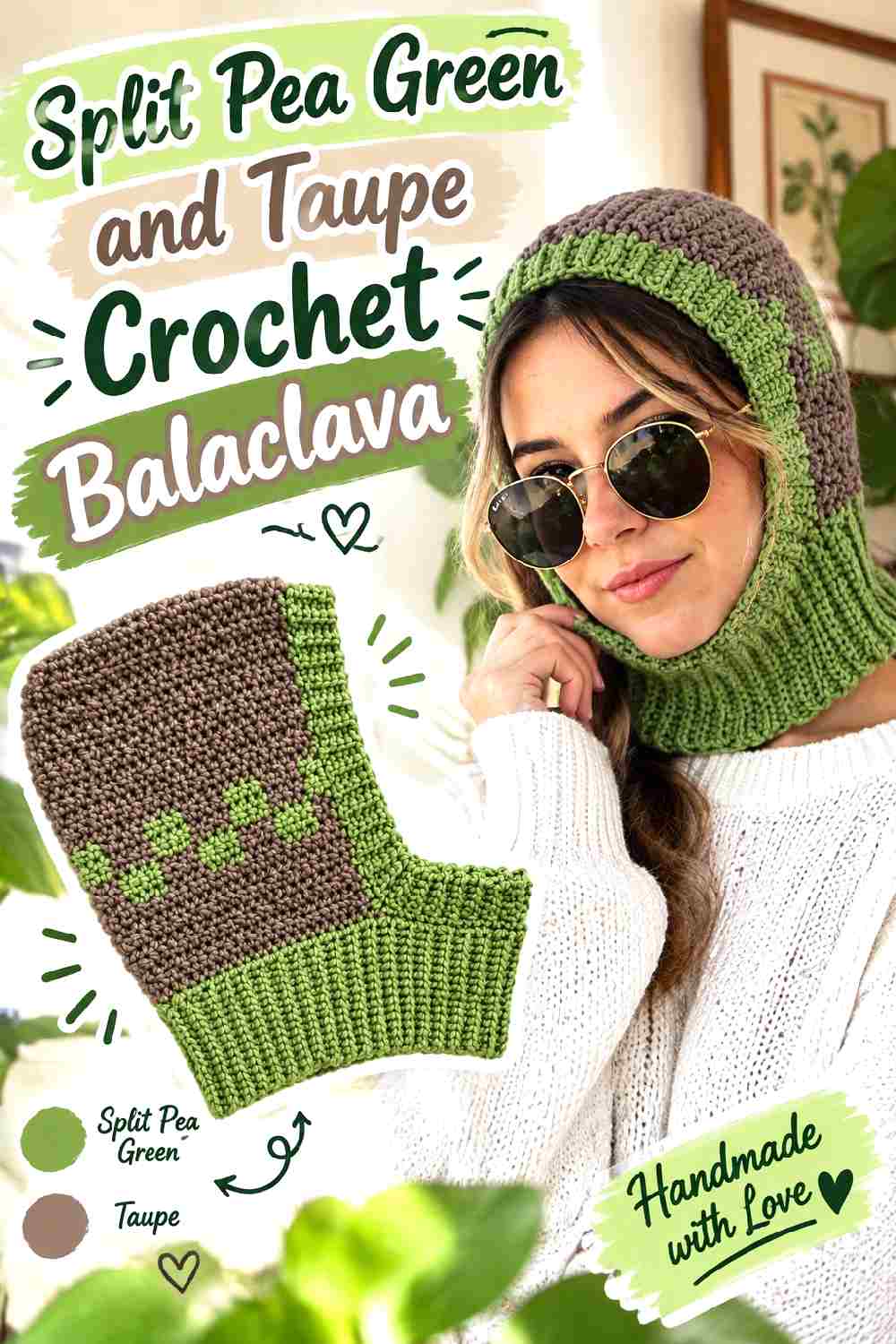 13. Split Pea Green And Taupe Crochet Balaclava