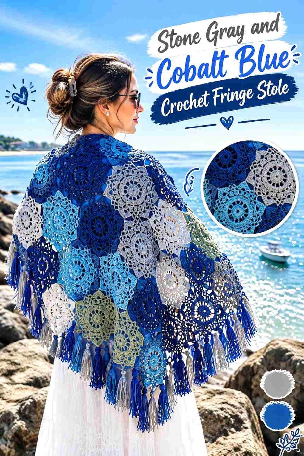 15. Stone Gray And Cobalt Blue Crochet Fringe Stole