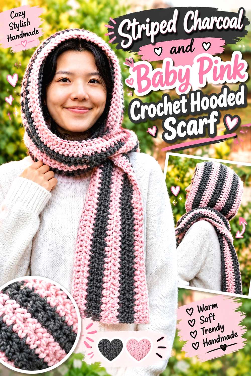 Striped Charcoal and Baby Pink Crochet Hooded Scarf