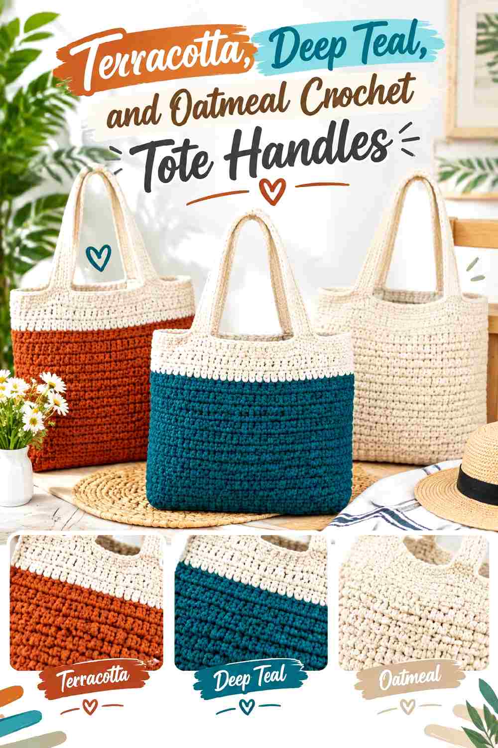 12. Terracotta Deep Teal And Oatmeal Crochet Tote Handles