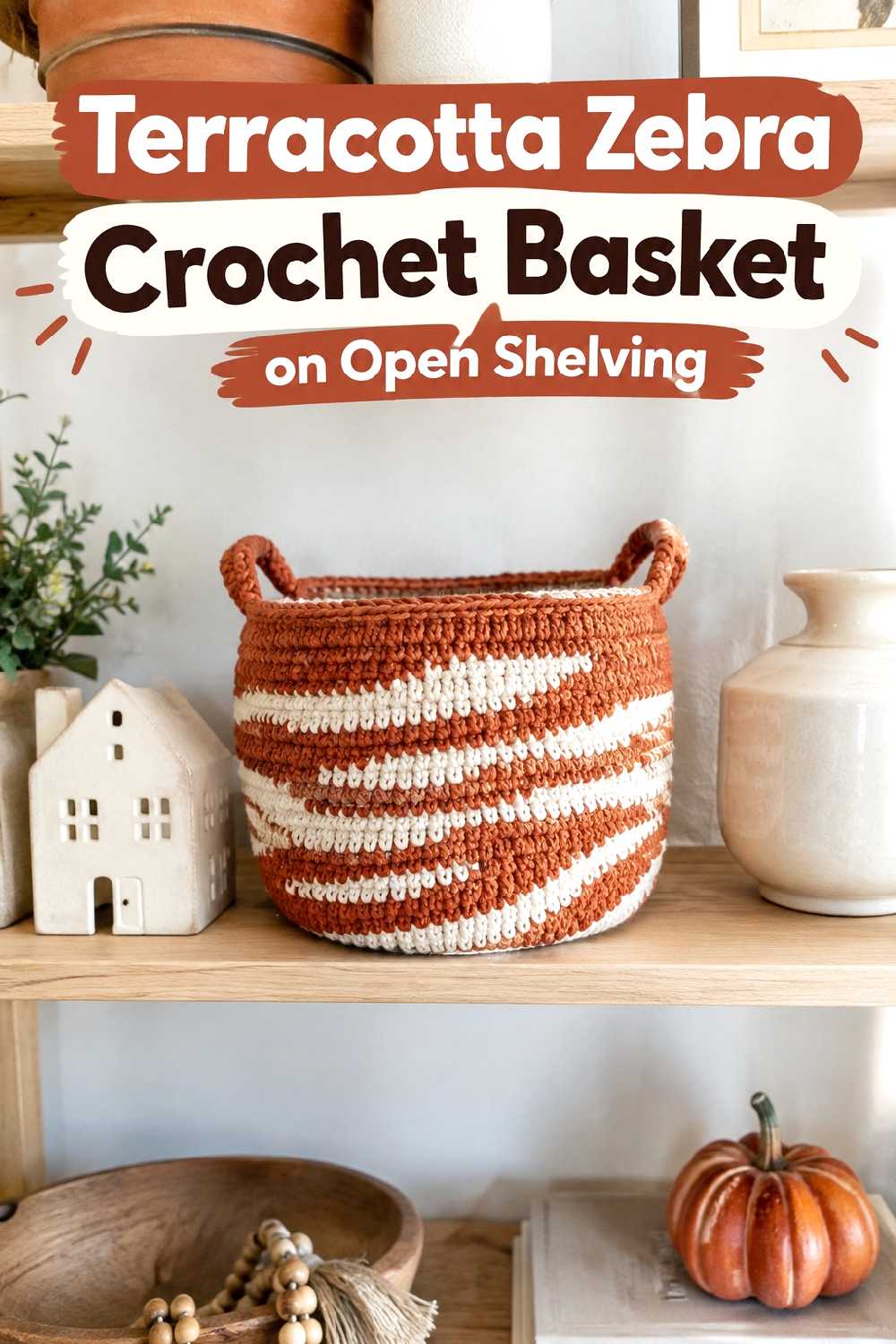 14. Terracotta Zebra Crochet Basket On Open Shelving