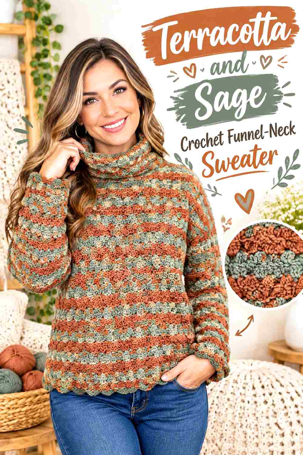 5. Terracotta And Sage Crochet Funnel Neck Sweater