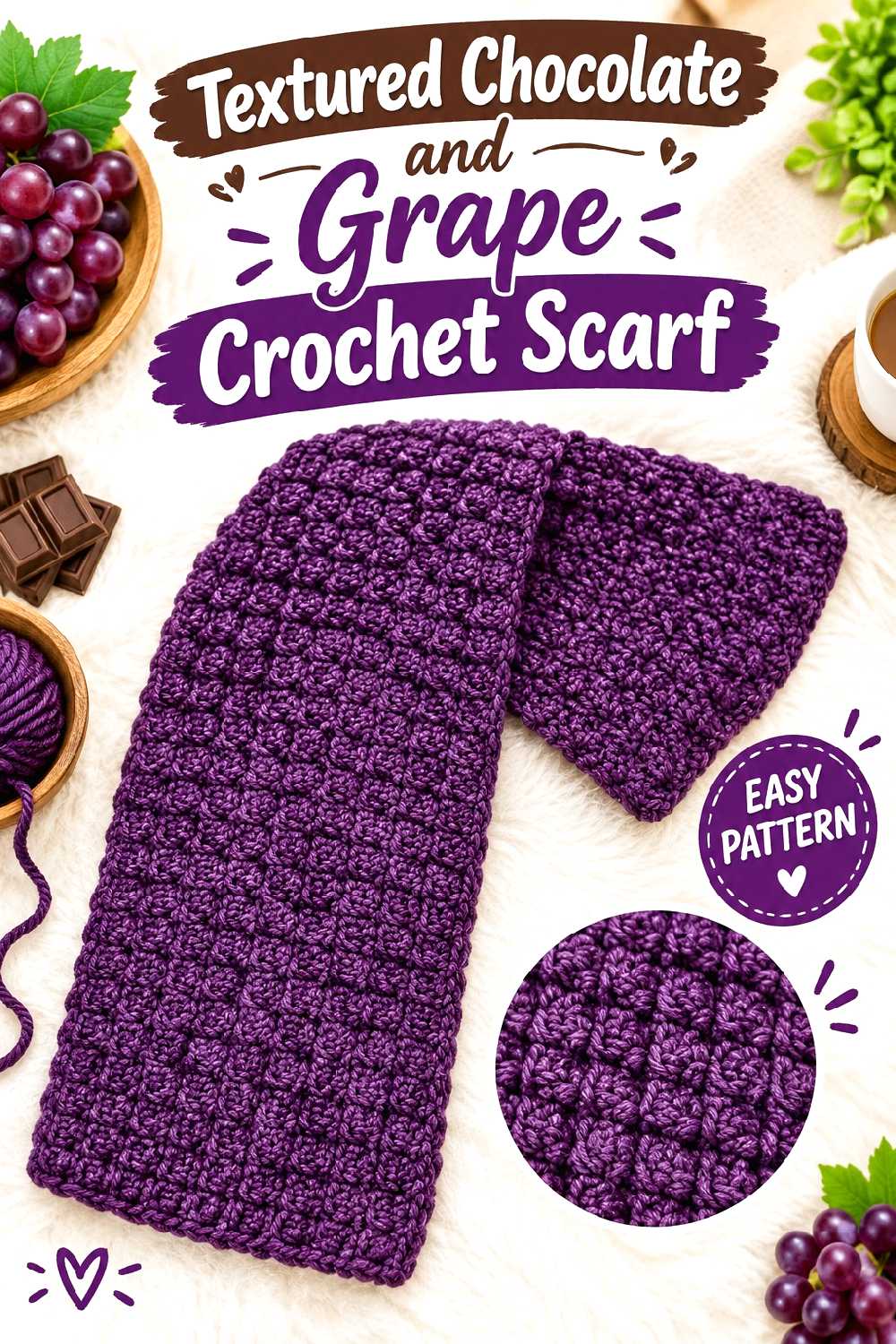 15. Textured Chocolate And Grape Crochet Scarf