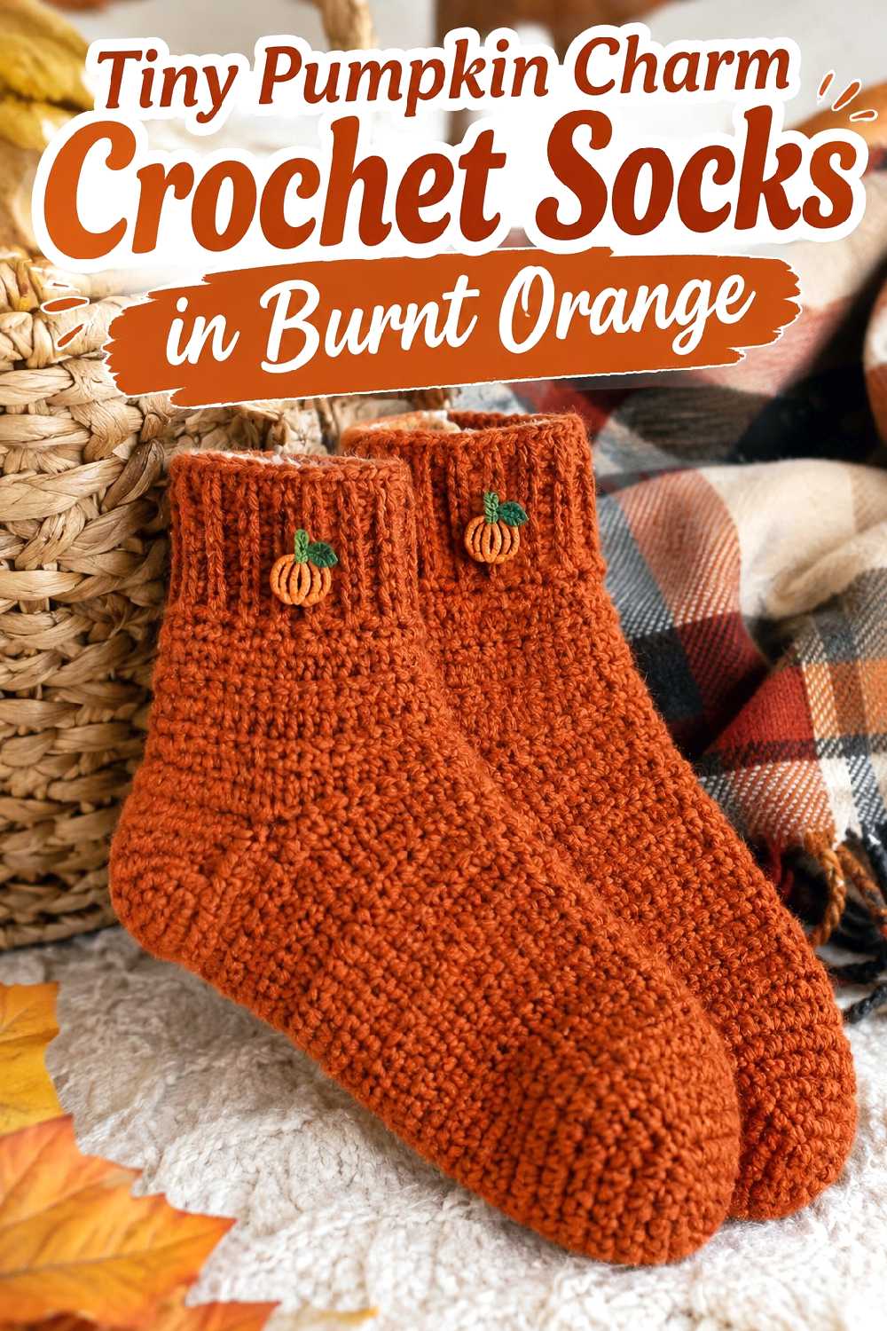 4. Tiny Pumpkin Charm Crochet Socks In Burnt Orange