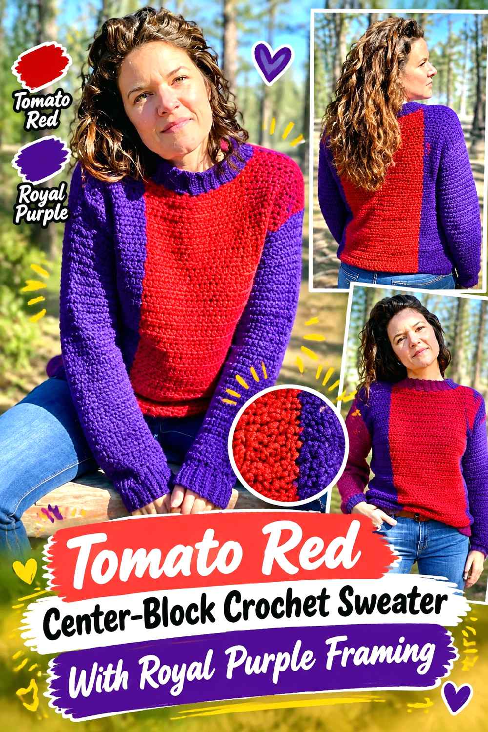 6. Tomato Red Center Block Crochet Sweater With Royal Purple Framing