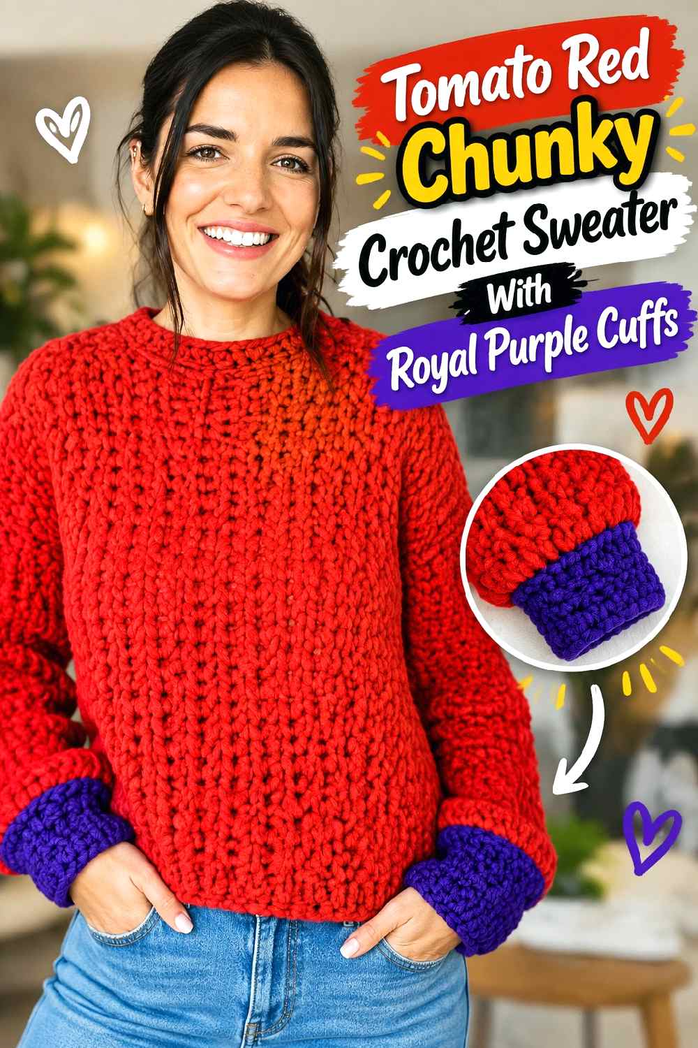 15. Tomato Red Chunky Crochet Sweater With Royal Purple Cuffs