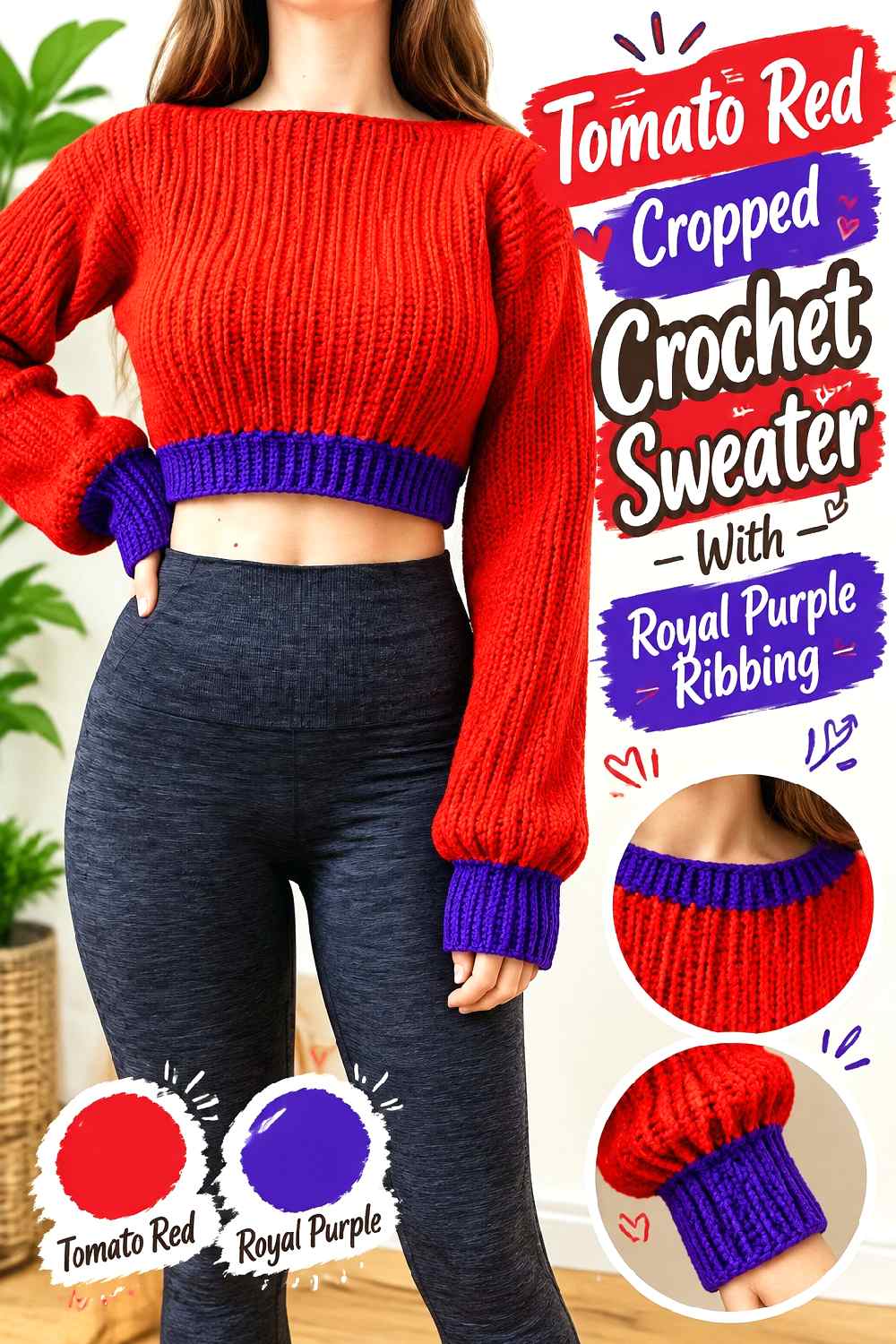 21. Tomato Red Cropped Crochet Sweater With Royal Purple Ribbing