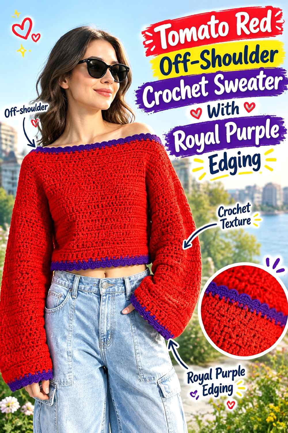 2. Tomato Red Off Shoulder Crochet Sweater With Royal Purple Edging
