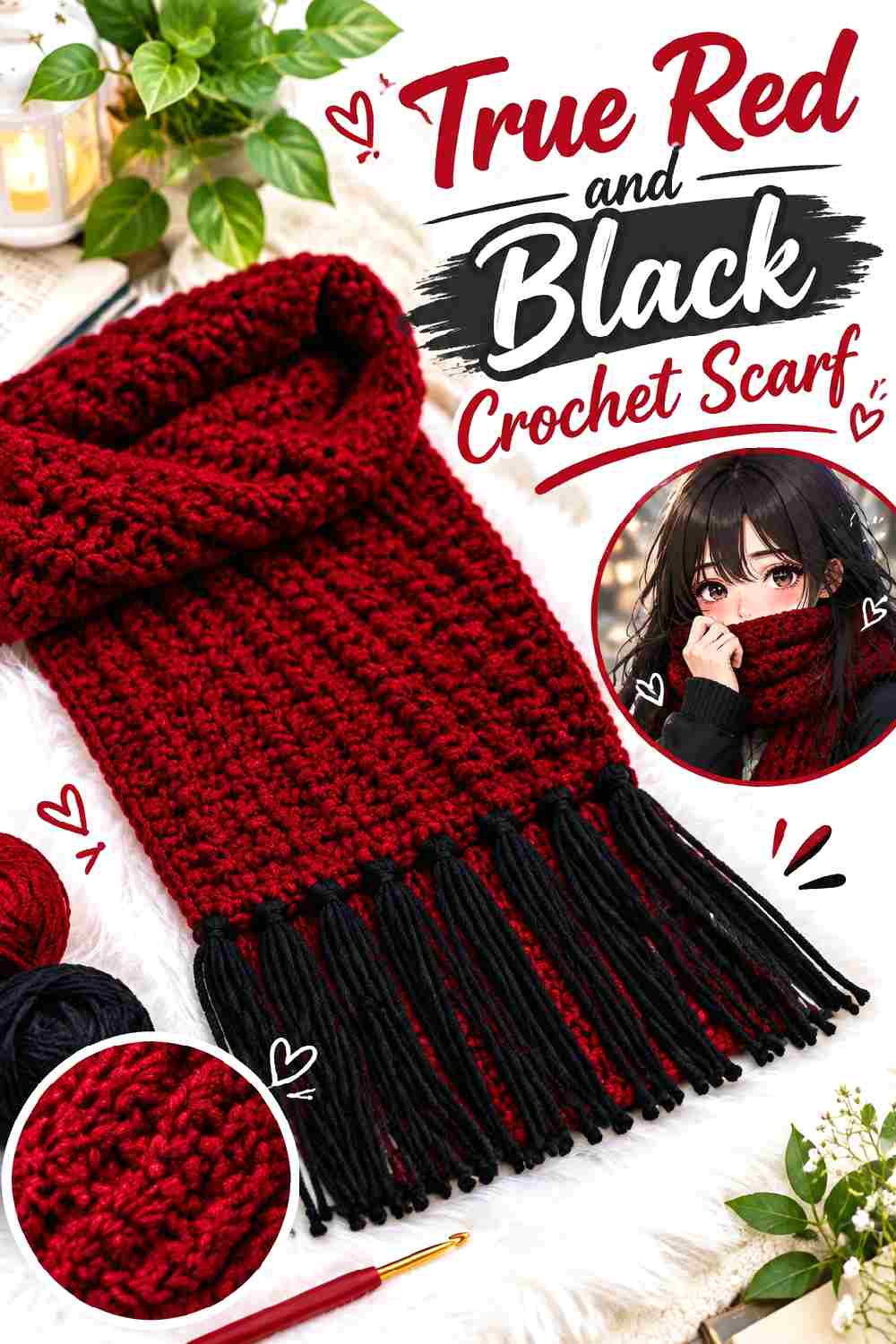 5. True Red And Black Crochet Scarf