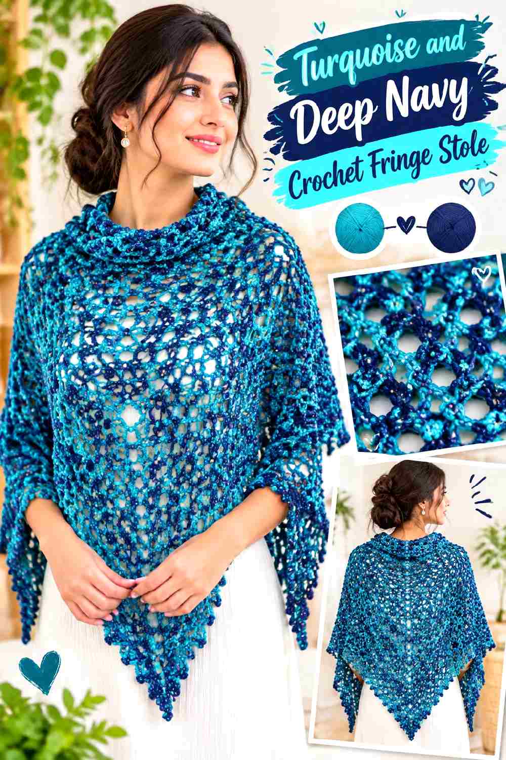 6. Turquoise And Deep Navy Crochet Fringe Stole