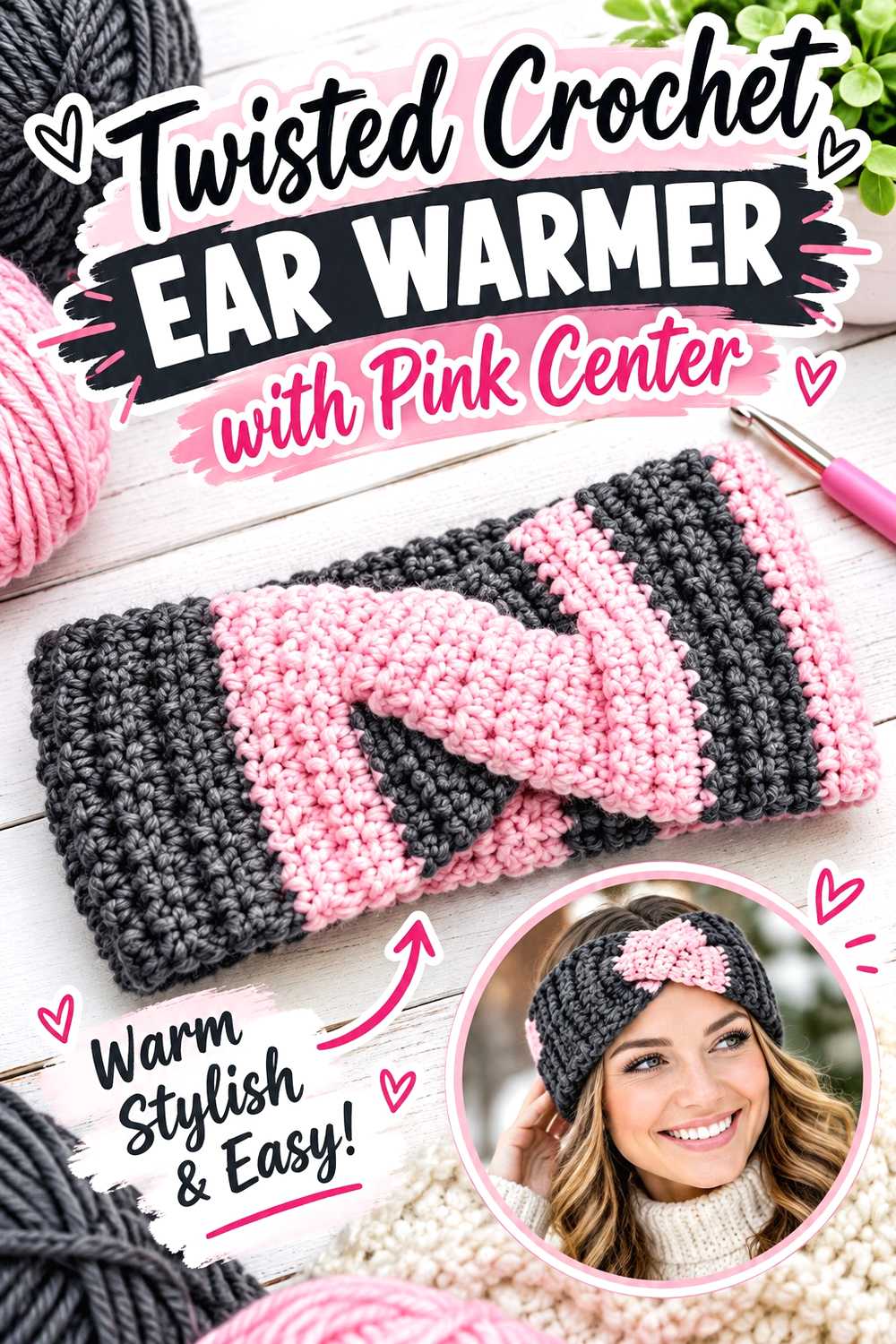 Twisted Crochet Ear Warmer with Pink Center