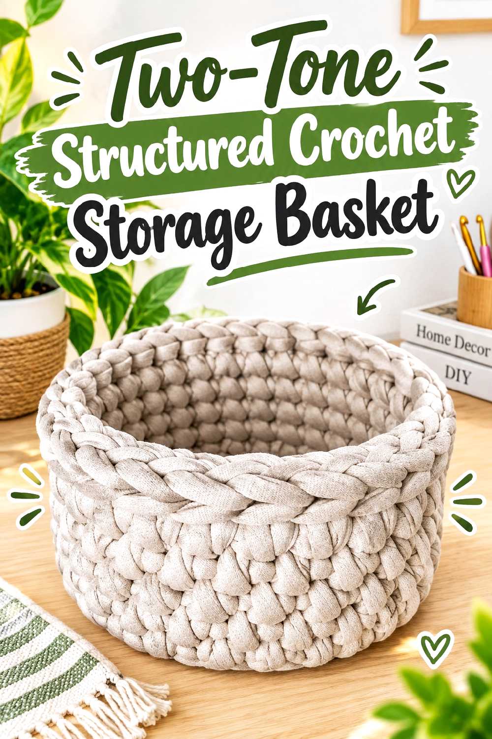 2. Two Tone Structured Crochet Storage Basket