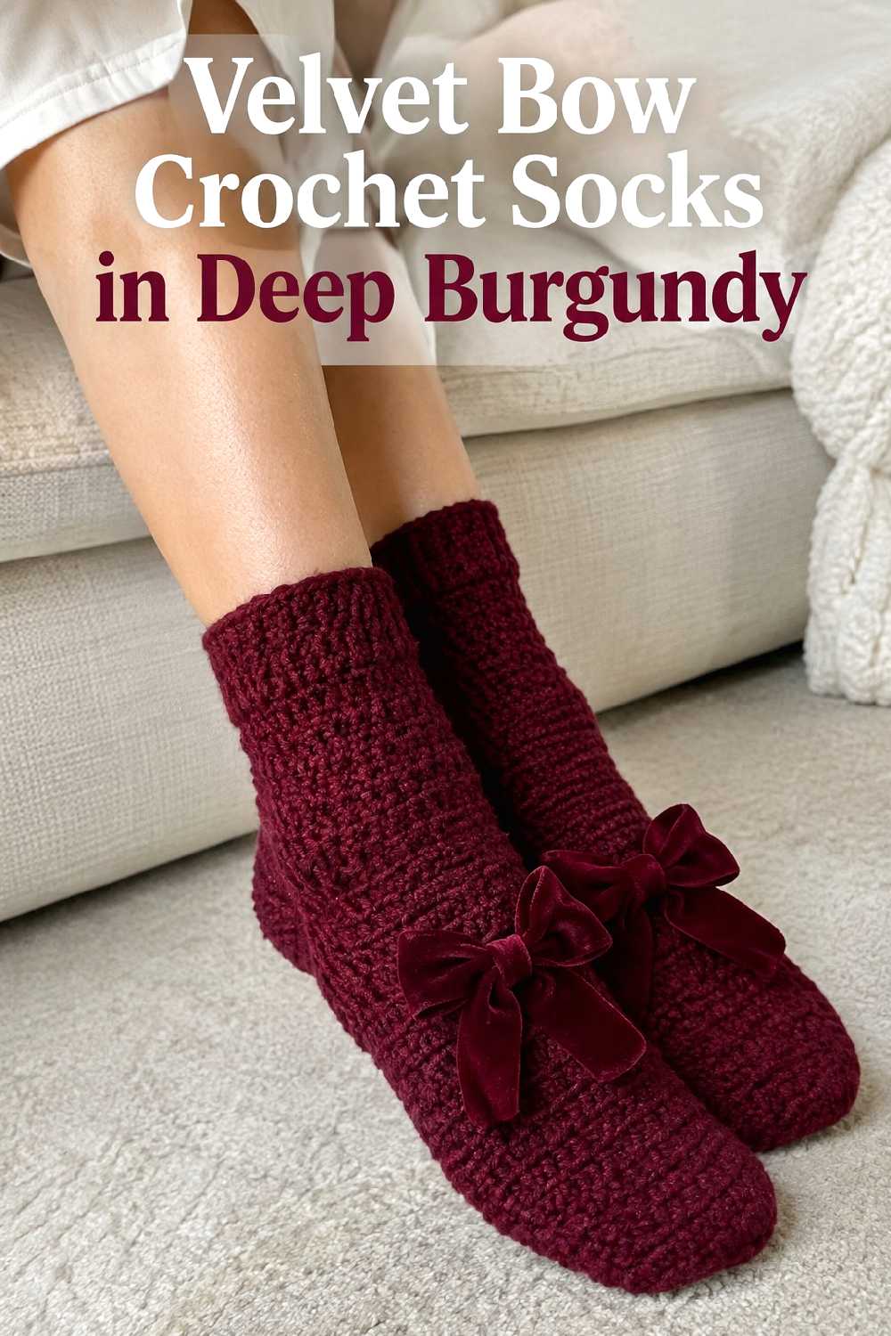 2. Velvet Bow Crochet Socks In Deep Burgundy
