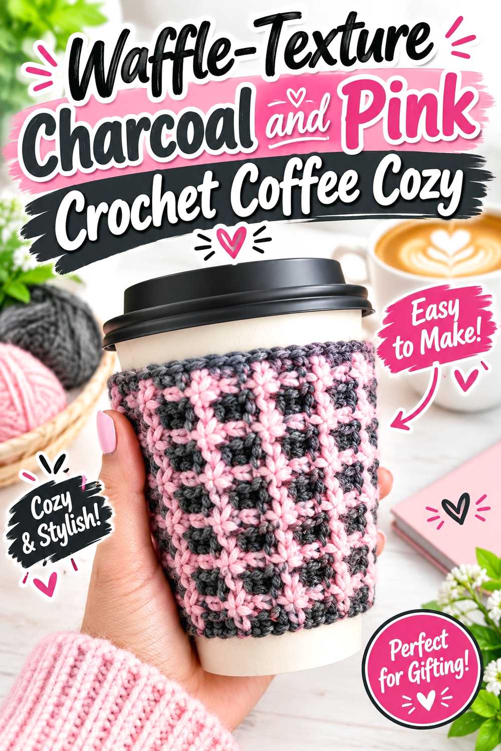 Waffle Texture Charcoal and Pink Crochet Coffee Cozy