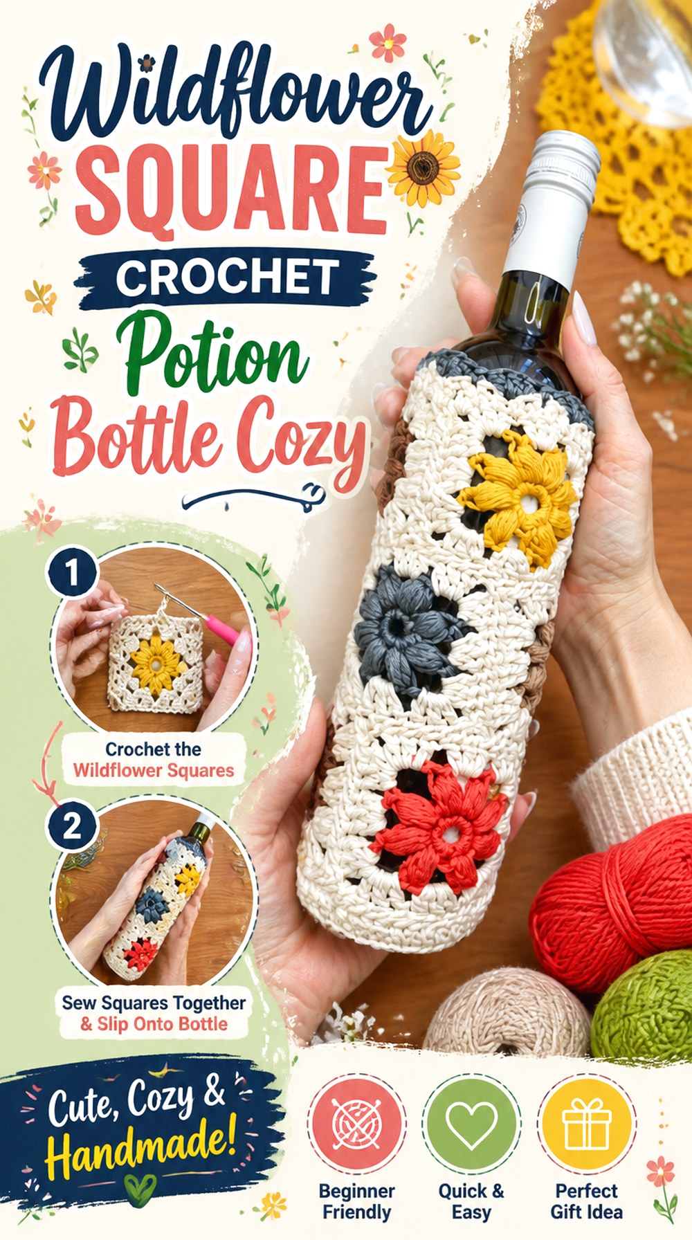 Wildflower Square Crochet Potion Bottle Cozy