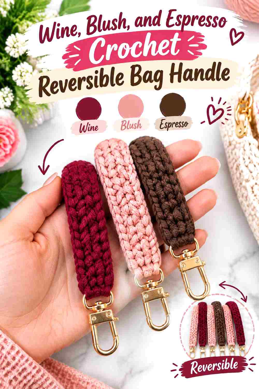 15. Wine Blush And Espresso Crochet Reversible Bag Handle