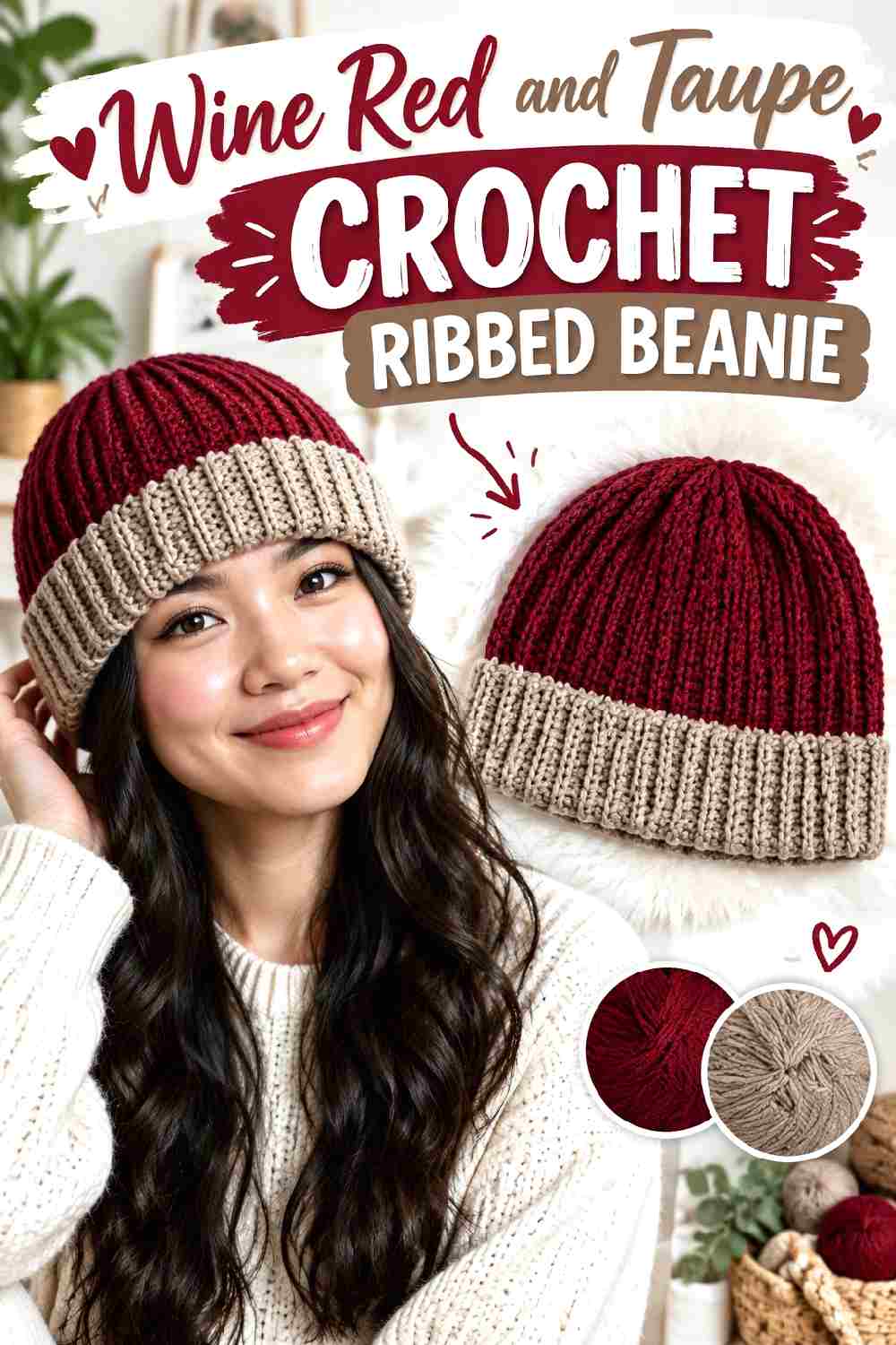 8. Wine Red And Taupe Crochet Ribbed Beanie