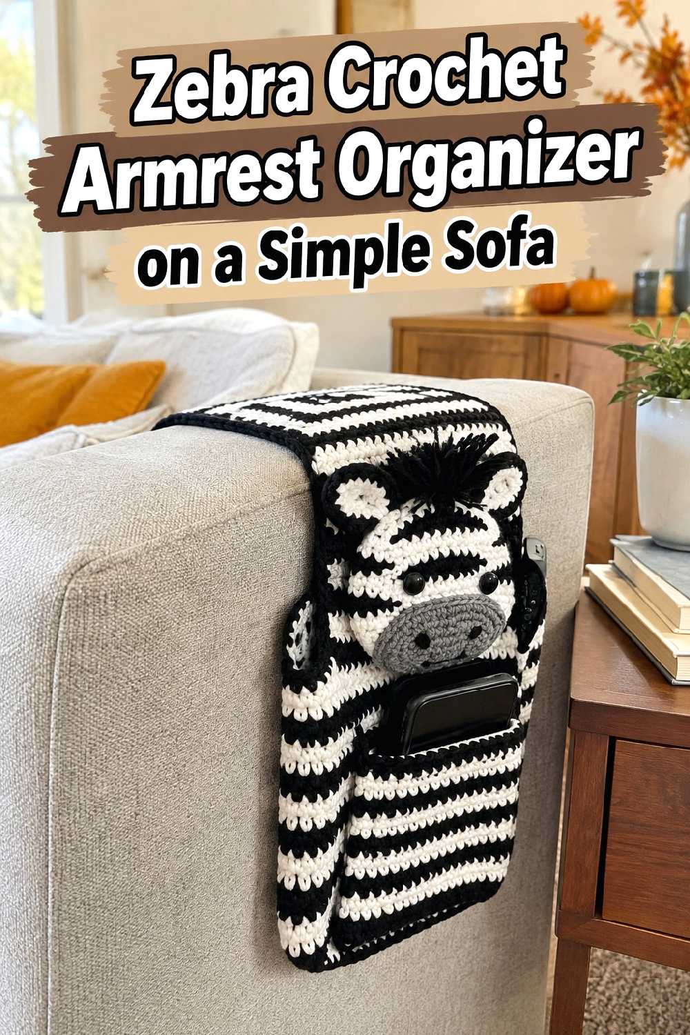 13. Zebra Crochet Armrest Organizer On A Simple Sofa