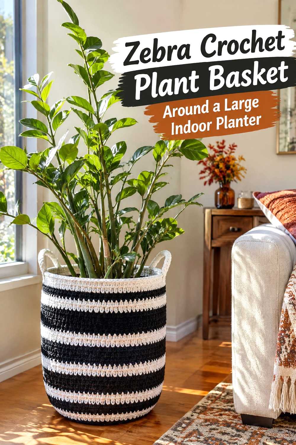 11. Zebra Crochet Plant Basket Around A Large Indoor Planter