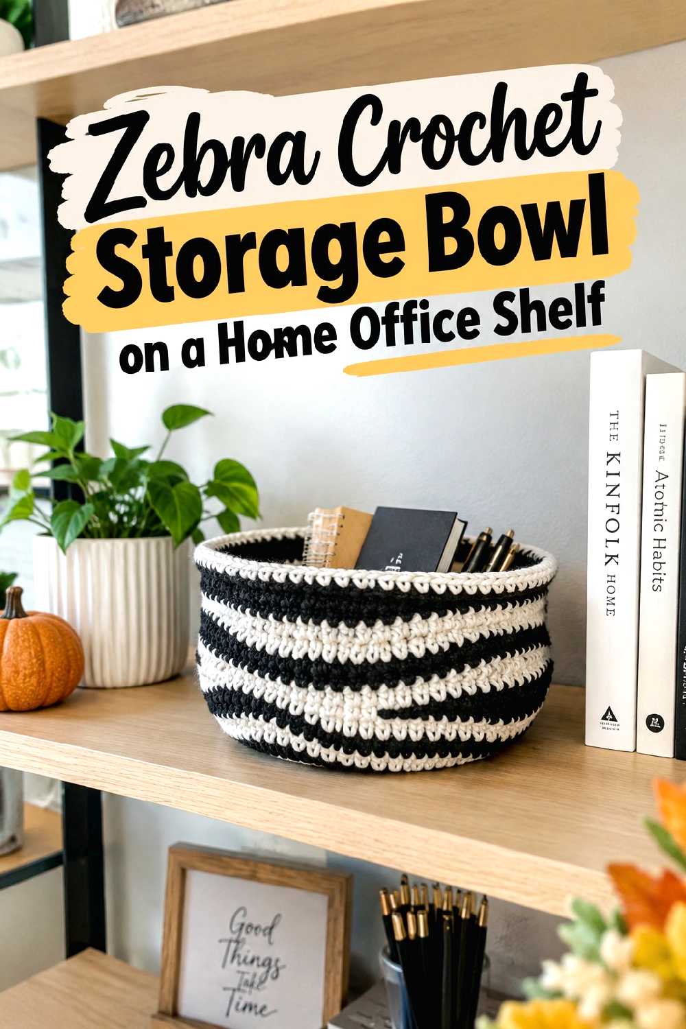 9. Zebra Crochet Storage Bowl On A Home Office Shelf