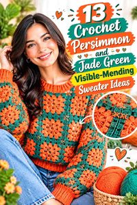 13 Crochet Persimmon and Jade Green Visible-Mending Sweater Ideas