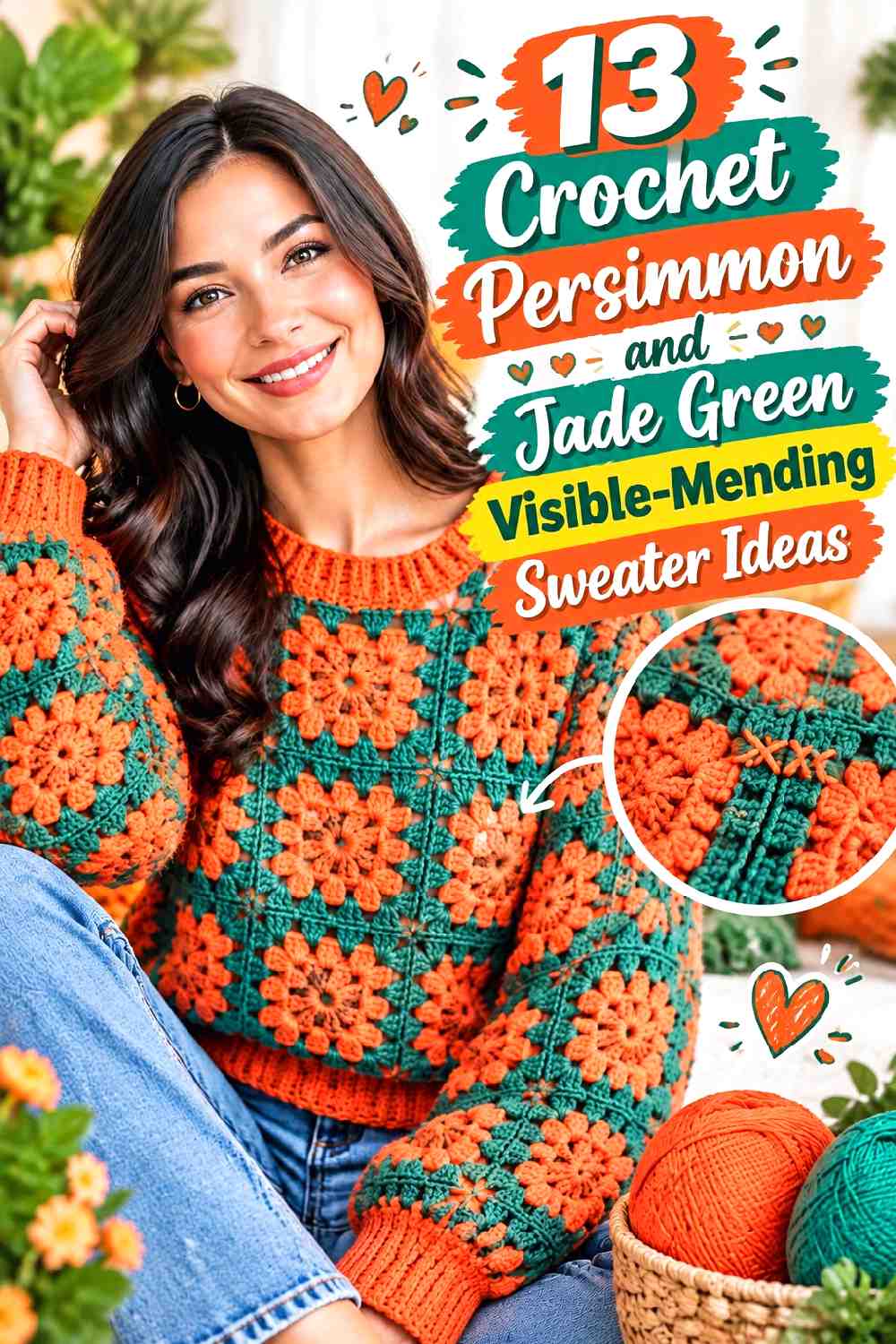 13 Crochet Persimmon and Jade Green Visible-Mending Sweater Ideas