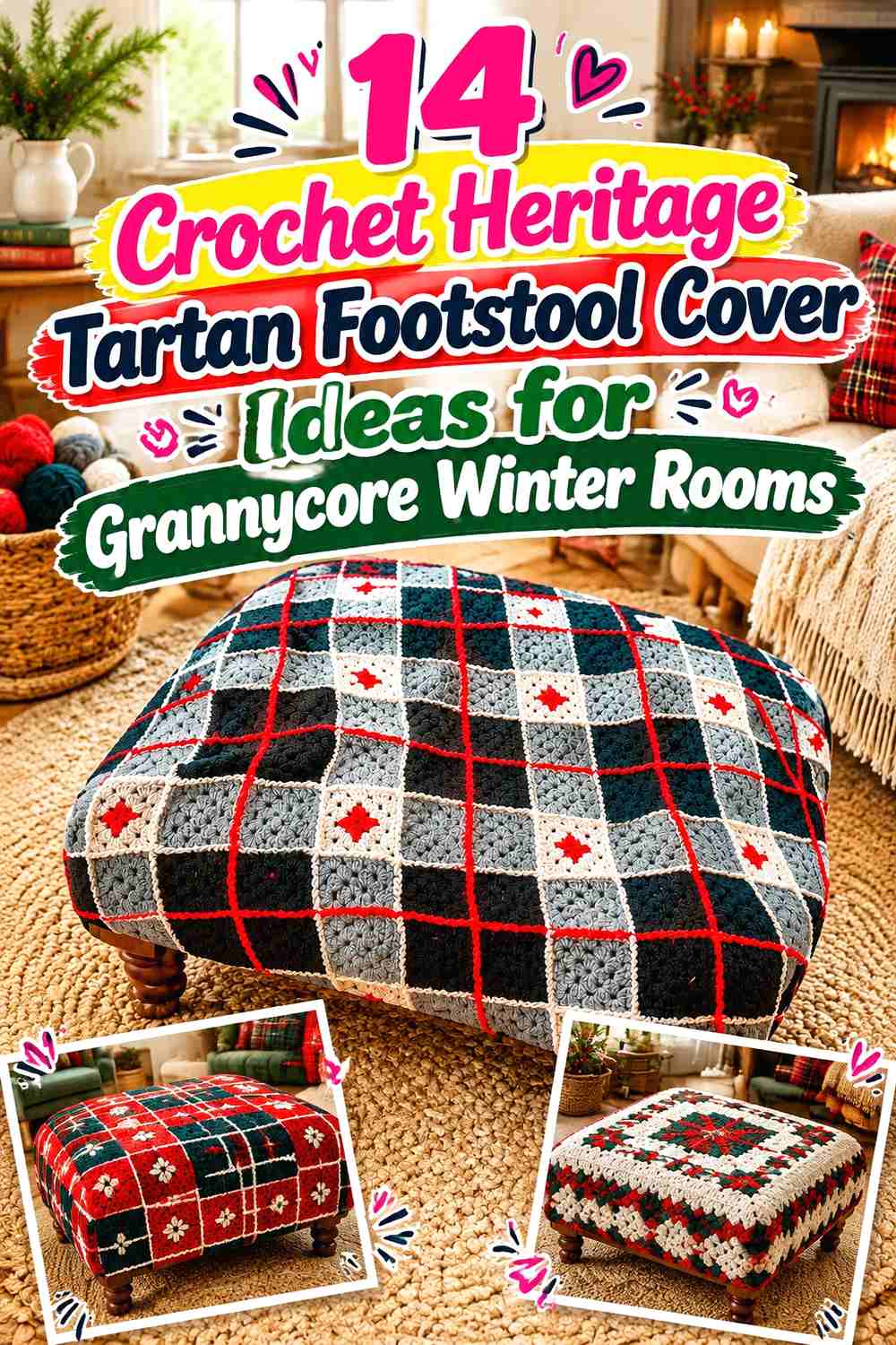 14 Crochet Heritage Tartan Footstool Cover Ideas for Grannycore Winter Rooms