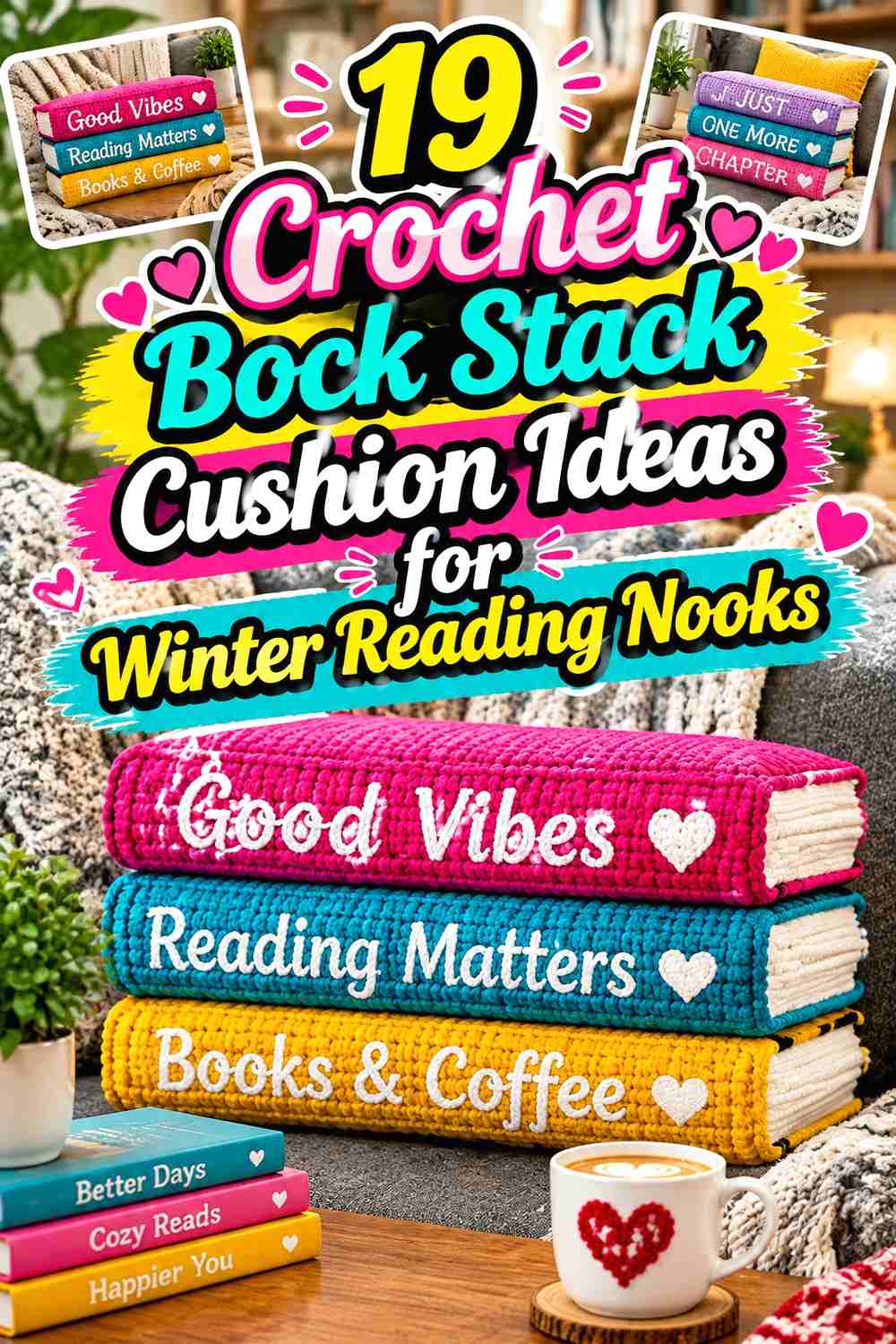 19 Crochet Book Stack Cushion Ideas for Winter Reading Nooks