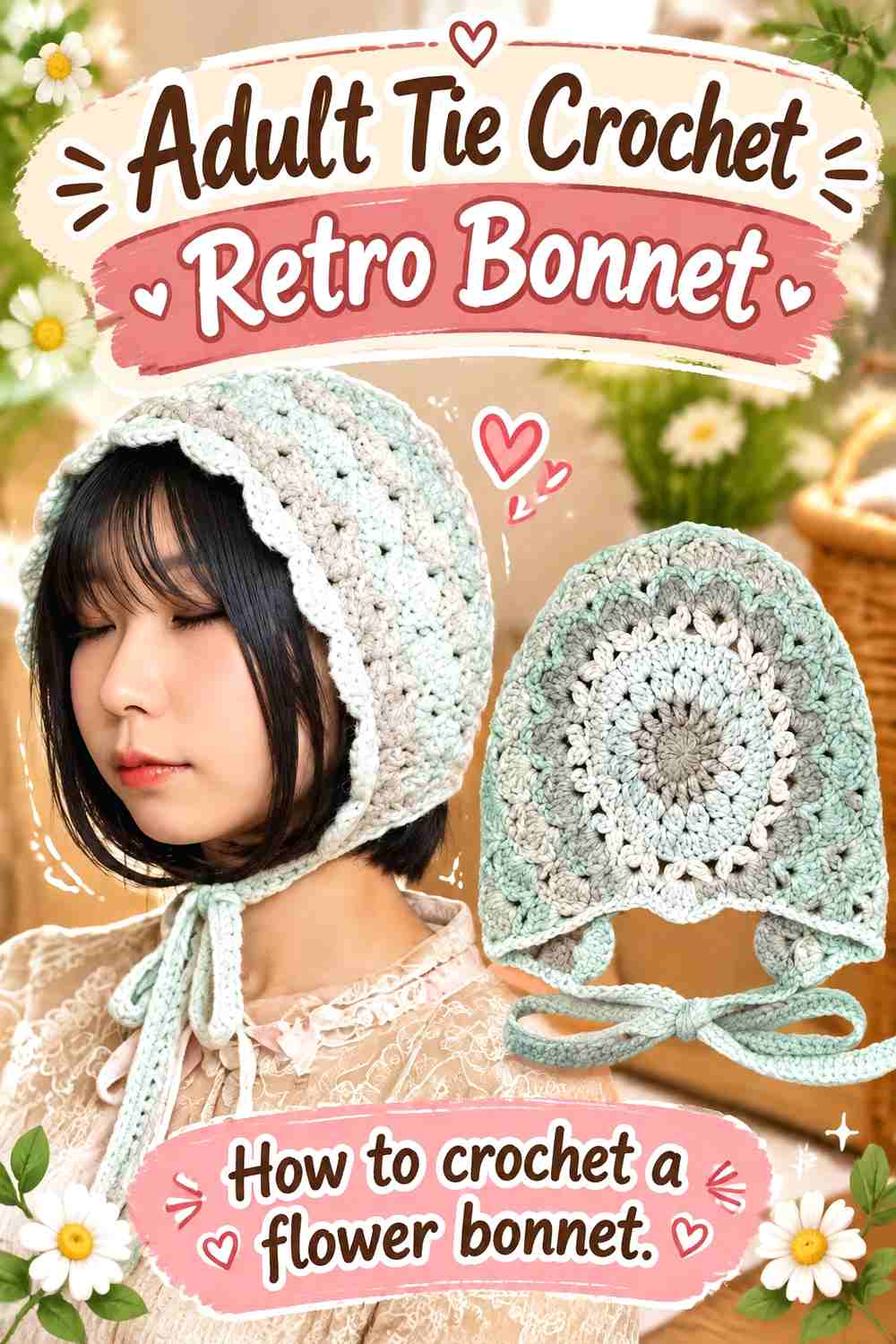 6. Adult Tie Crochet Retro Bonnet