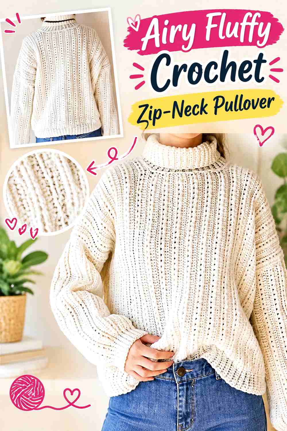 16. Airy Fluffy Crochet Zip-Neck Pullover