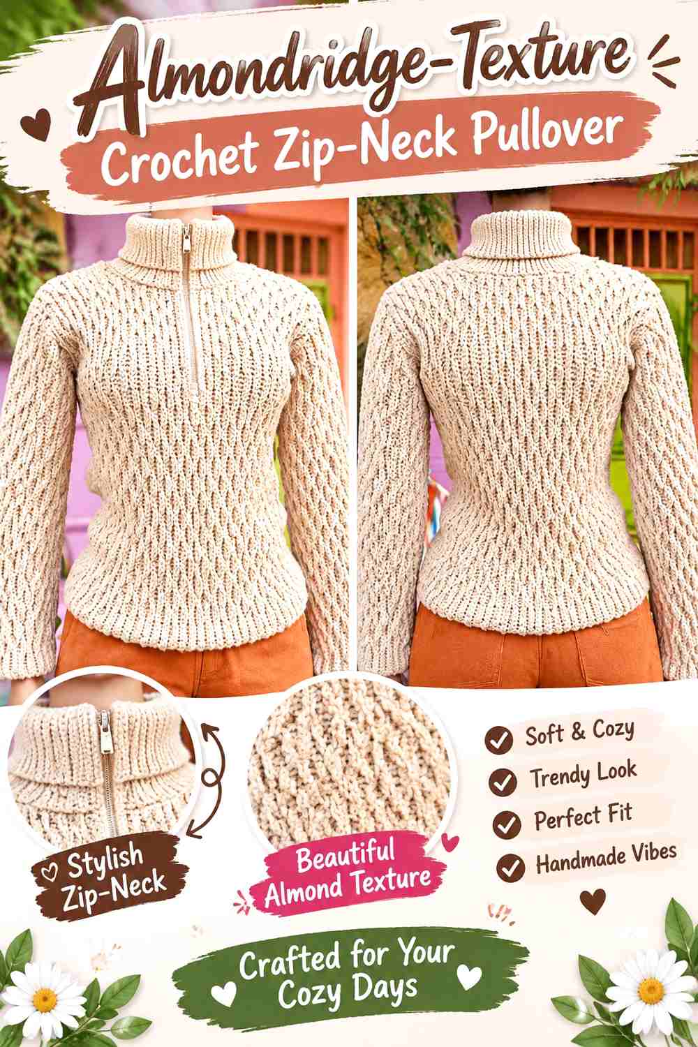 10. Almondridge-Texture Crochet Zip-Neck Pullover