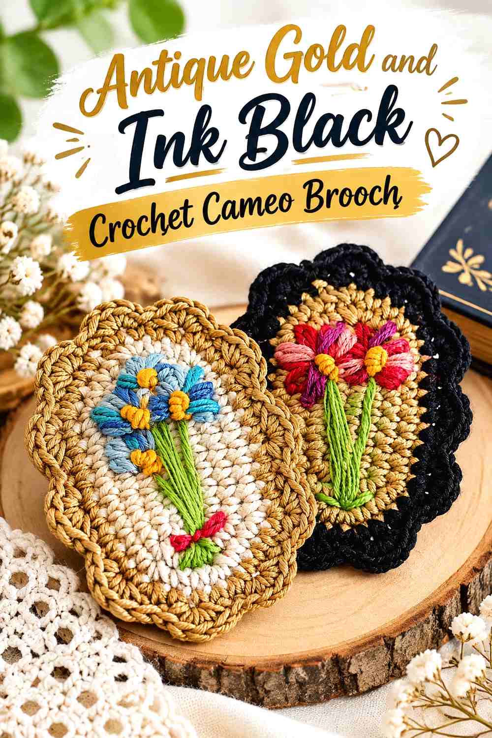 1. Antique Gold And Ink Black Crochet Cameo Brooch