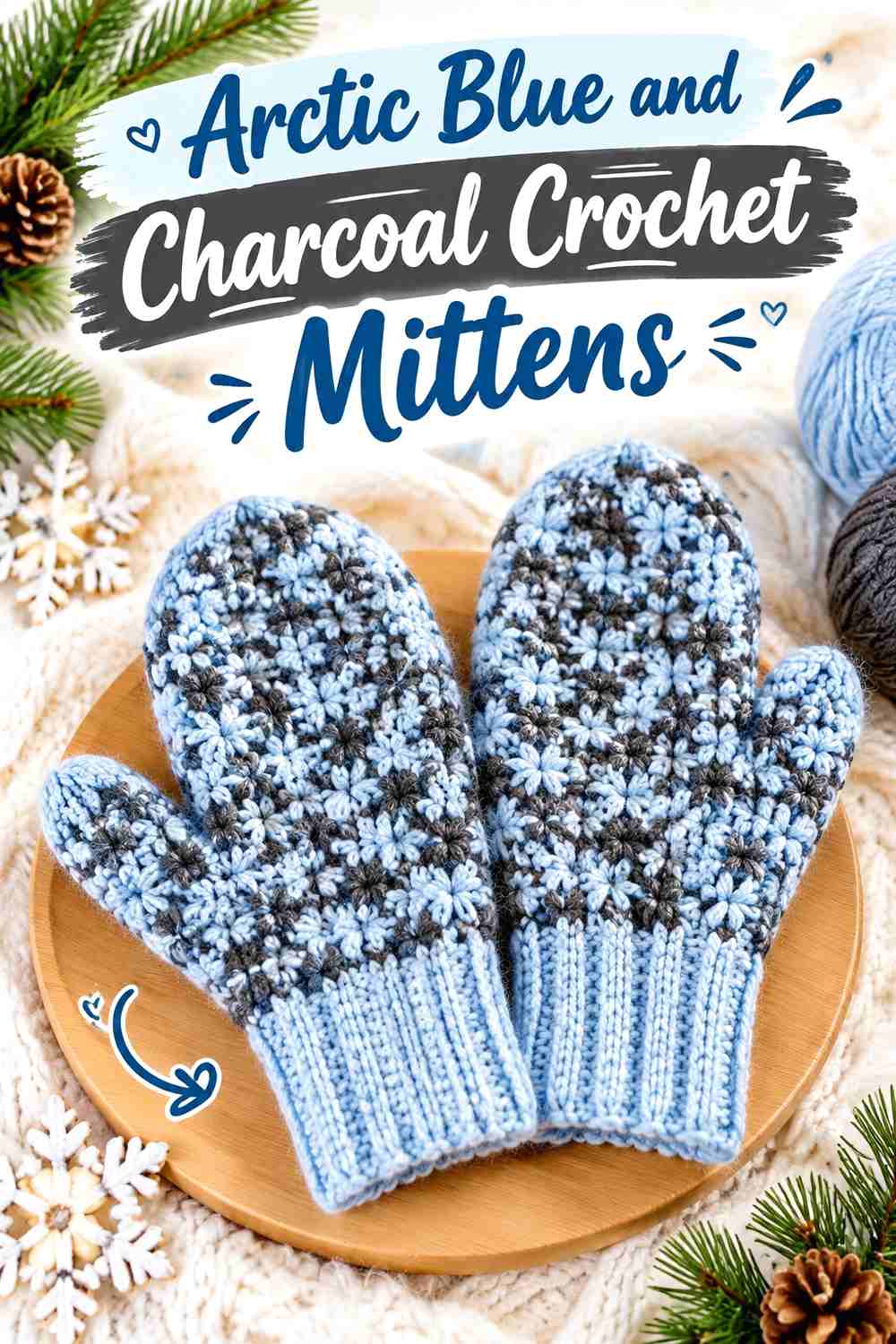 8. Arctic Blue And Charcoal Crochet Mittens