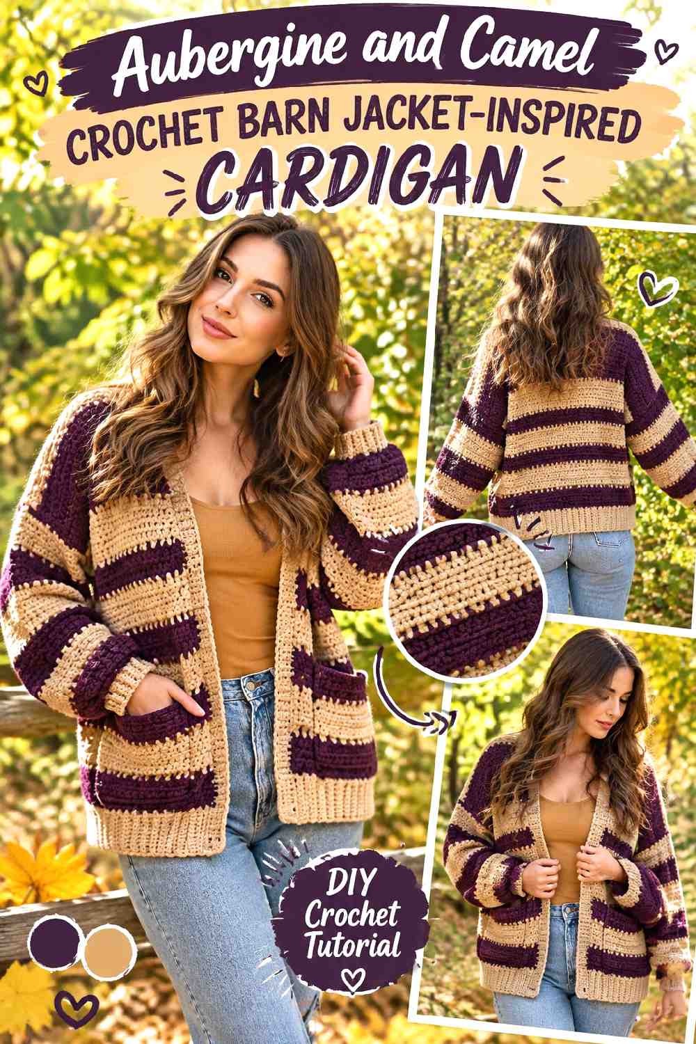 16. Aubergine And Camel Crochet Barn Jacket Inspired Cardigan