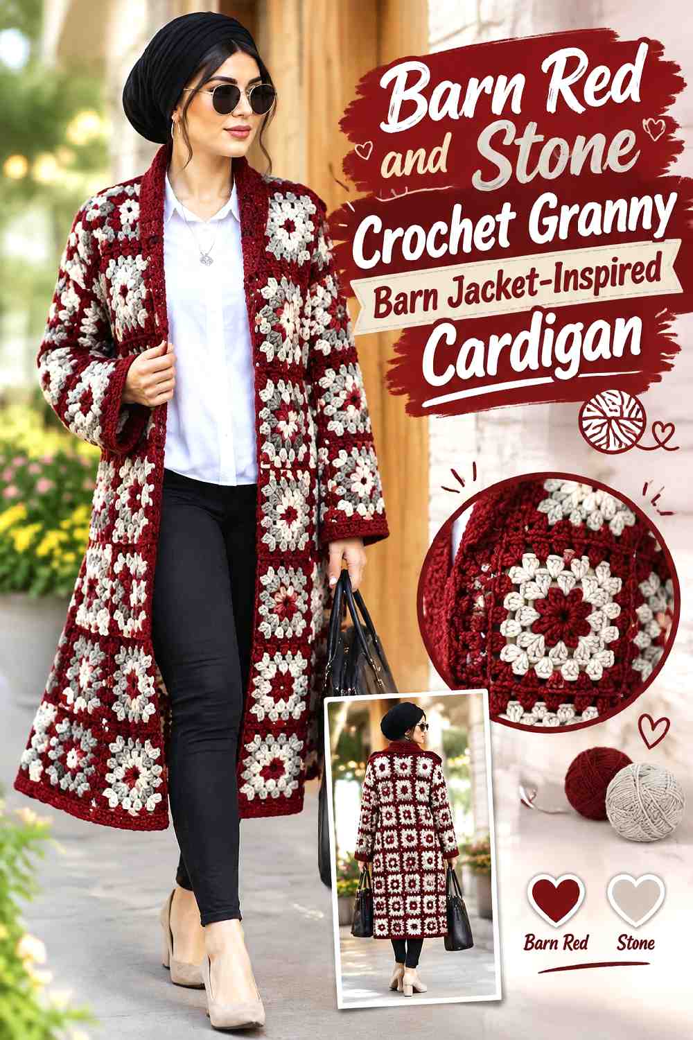 18. Barn Red And Stone Crochet Granny Barn Jacket Inspired Cardigan