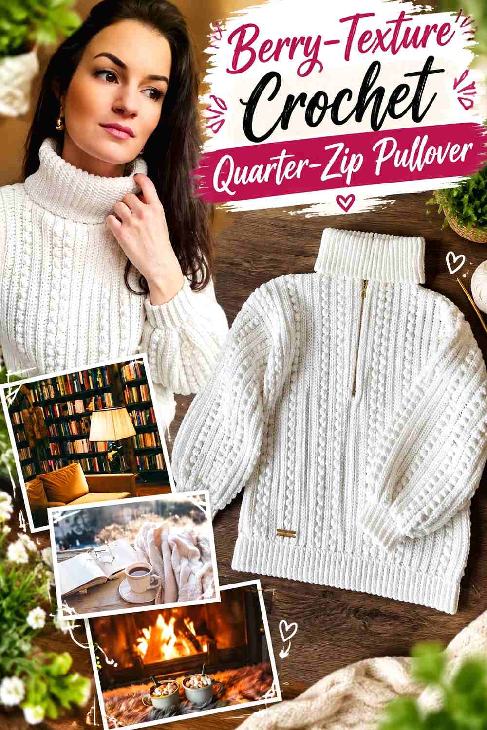 9. Berry-Texture Crochet Quarter-Zip Pullover