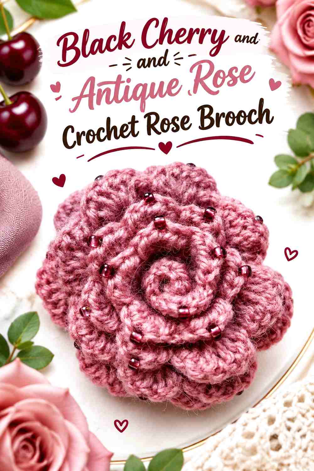 11. Black Cherry And Antique Rose Crochet Rose Brooch