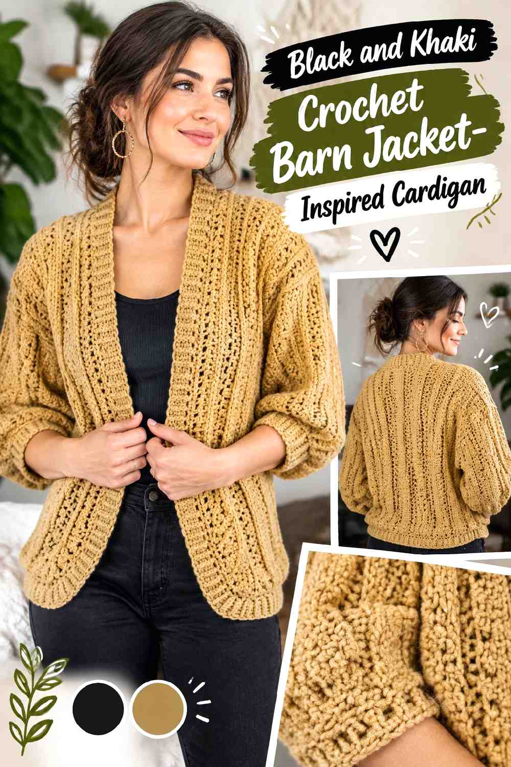 8. Black And Khaki Crochet Barn Jacket Inspired Cardigan