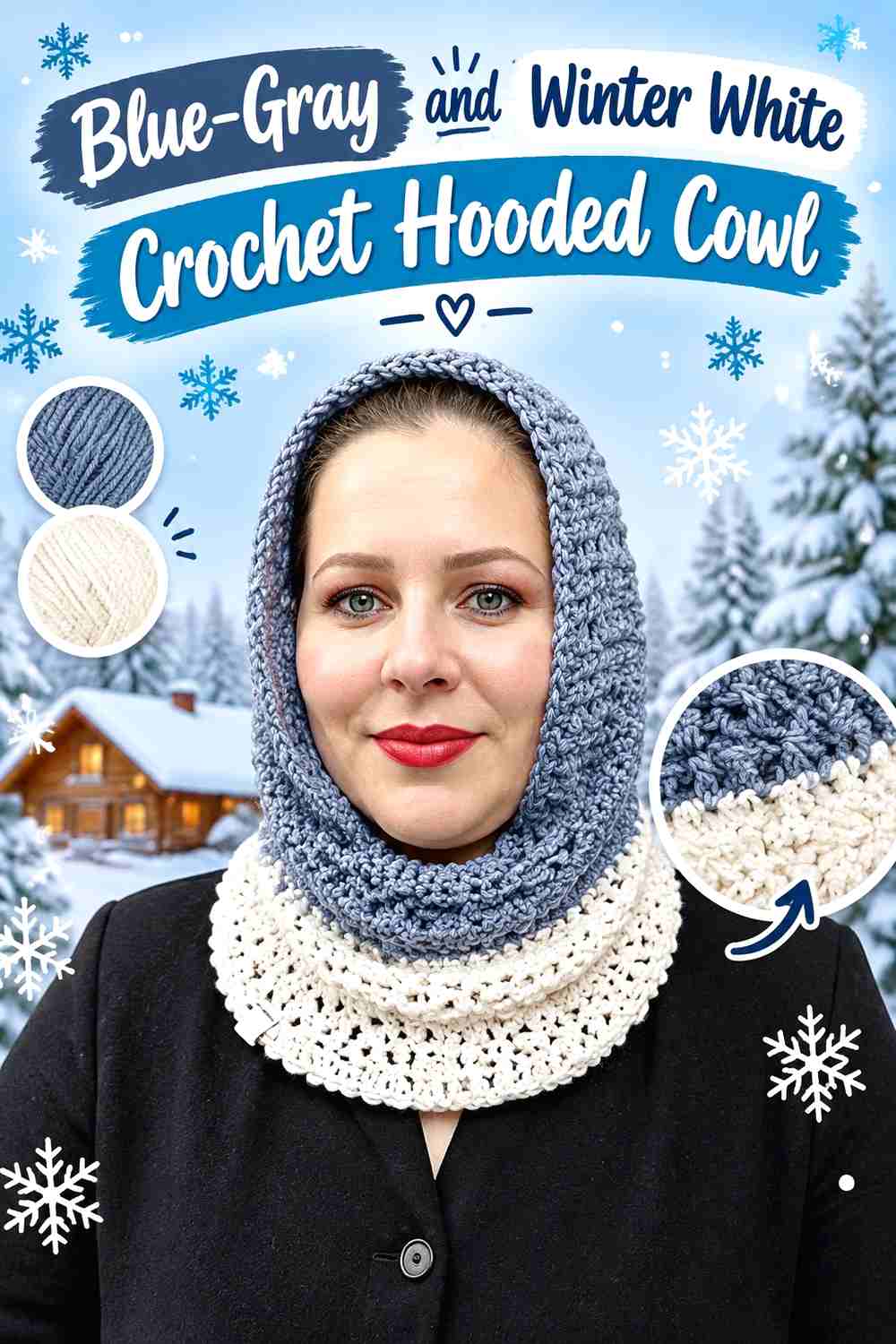 15. Blue Gray And Winter White Crochet Hooded Cowl