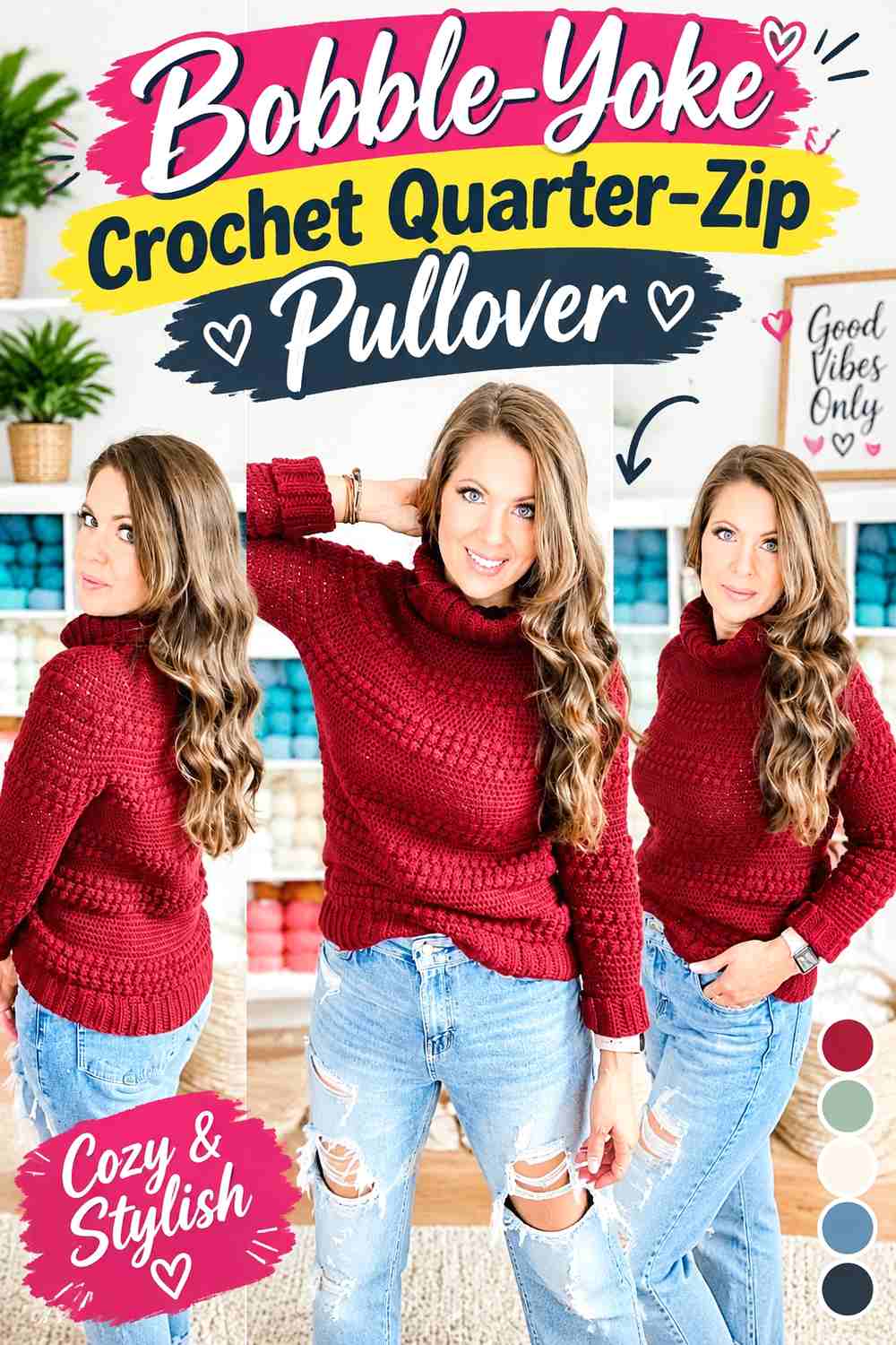 14. Bobble-Yoke Crochet Quarter-Zip Pullover