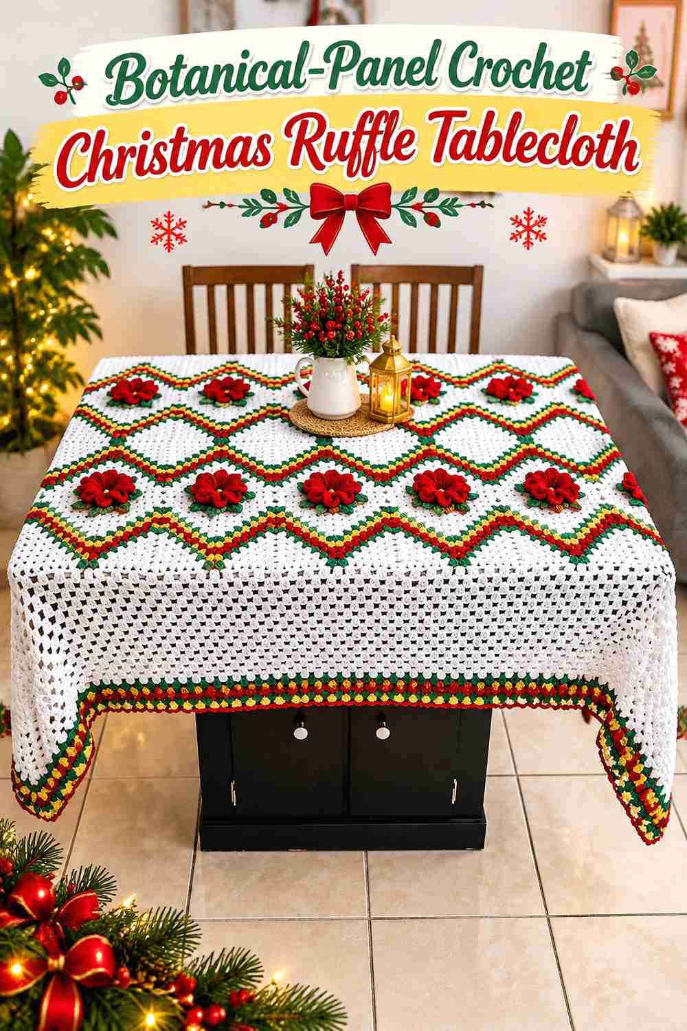 7. Botanical-Panel Crochet Christmas Ruffle Tablecloth