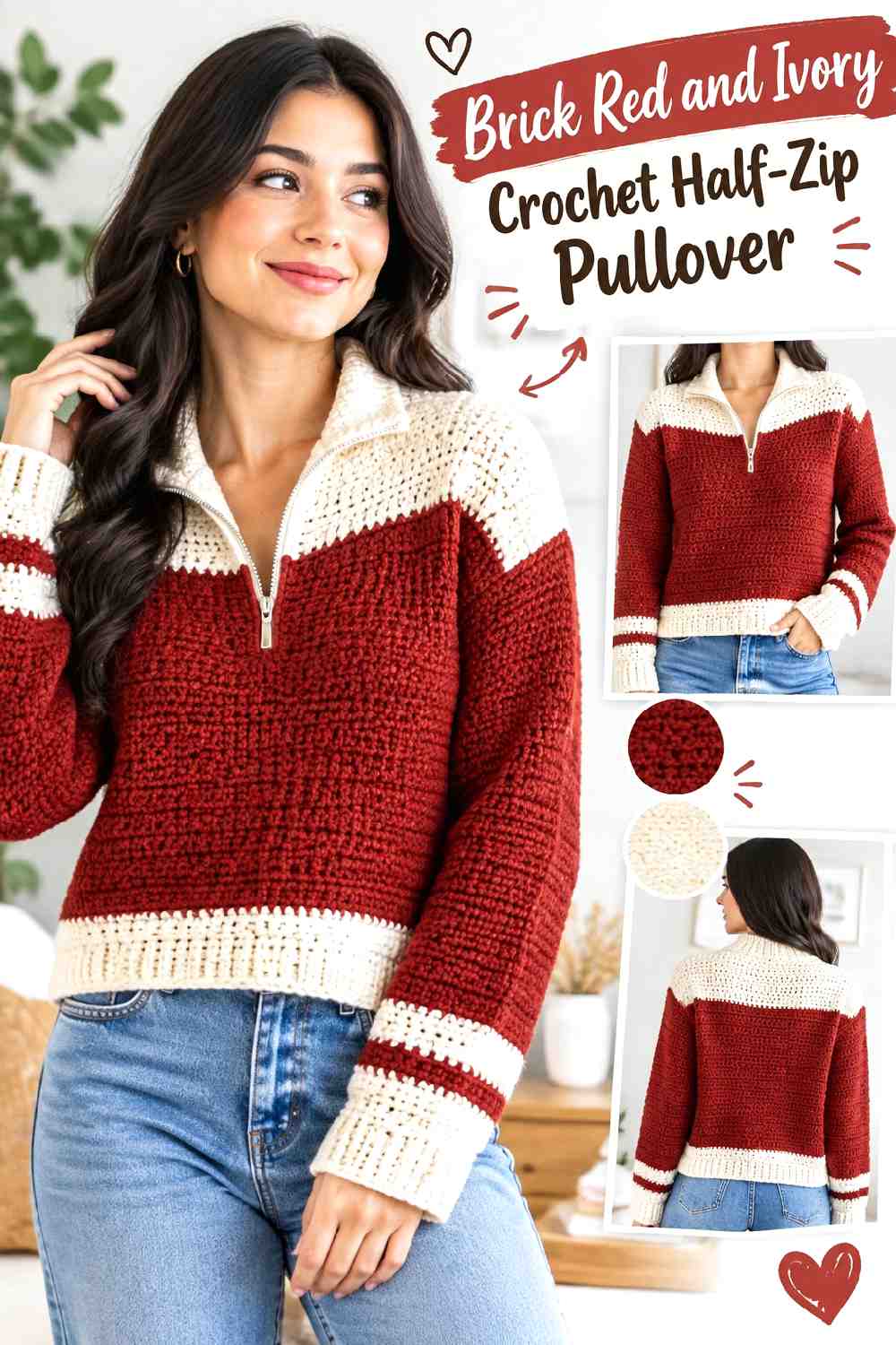 15. Brick Red And Ivory Crochet Half Zip Pullover